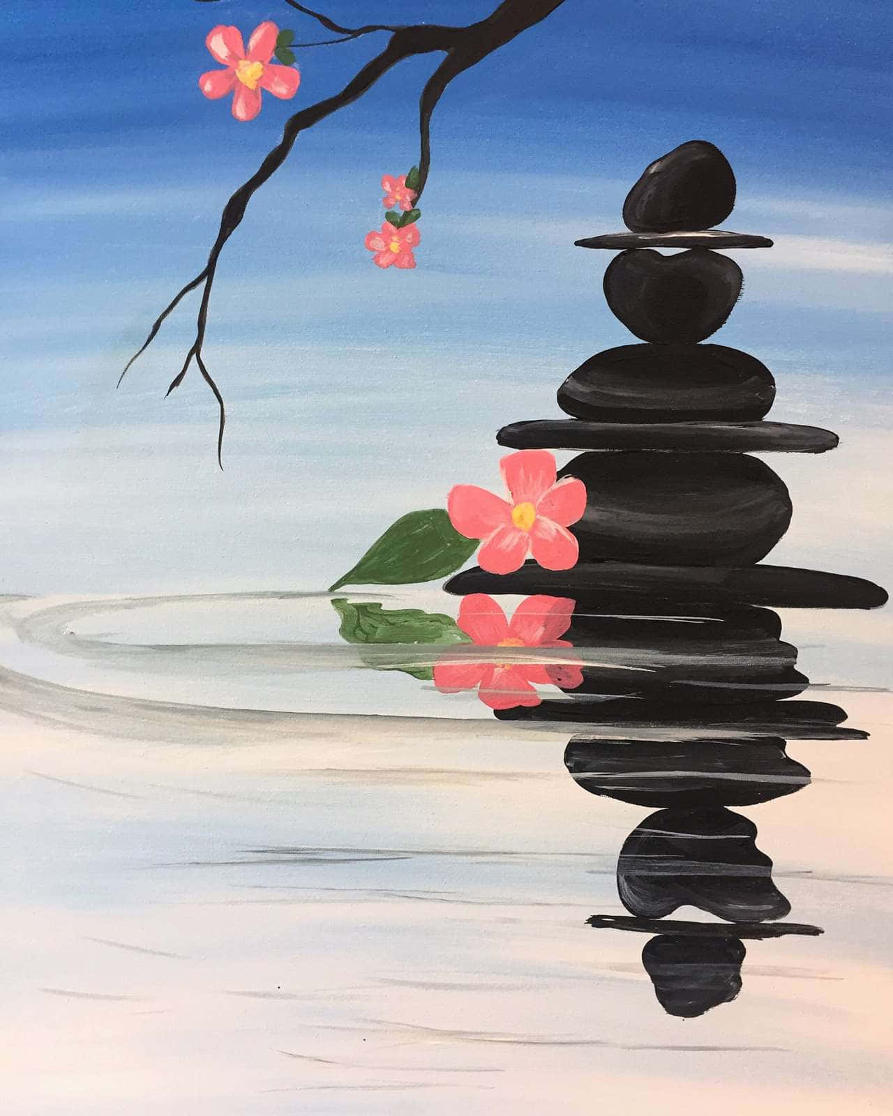 reflection 桌布 壁紙 — 一幅寧靜的畫作，描繪水邊黑色疊石、粉紅櫻花及其倒影，在藍天下。