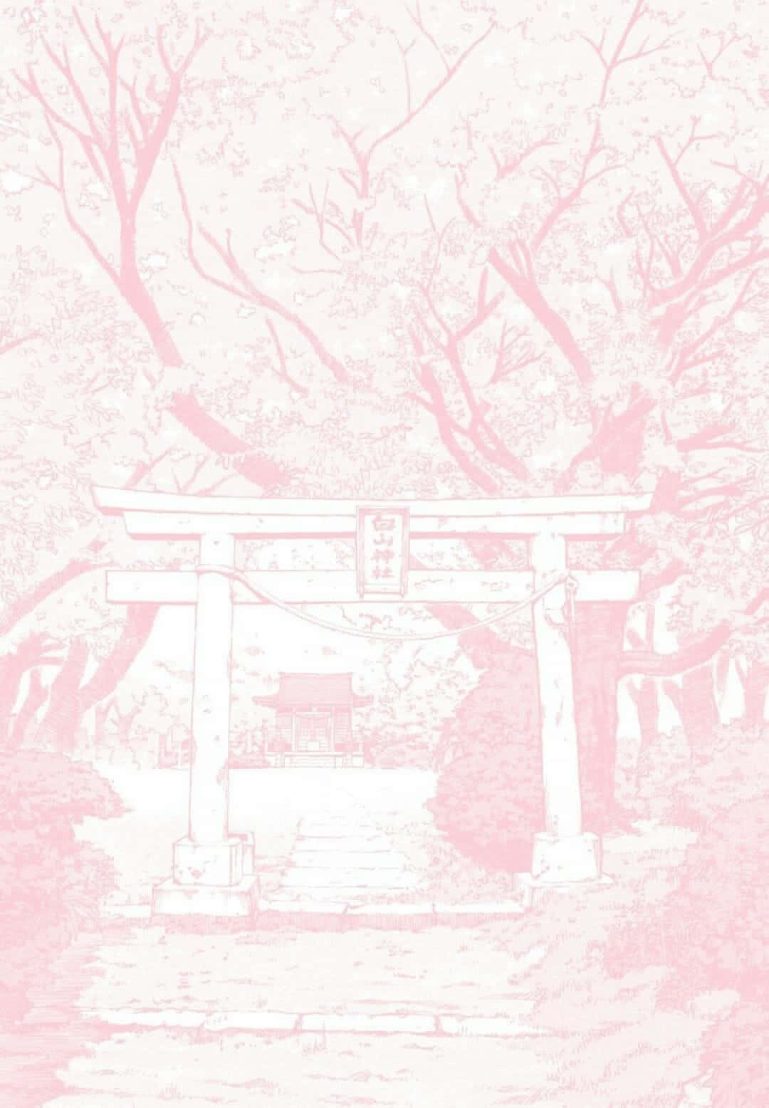 Pastel Pink Aesthetic Anime 桌布 壁紙 — 一幅寧靜的粉紅色調插圖，描繪了傳統日本鳥居，周圍環繞著盛開的櫻花樹。