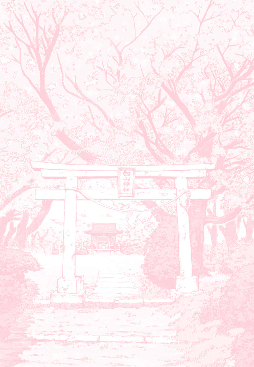粉彩色粉紅 桌布 壁紙 — 一幅寧靜的粉紅色調插圖，描繪了傳統日本鳥居，周圍環繞著盛開的櫻花樹。