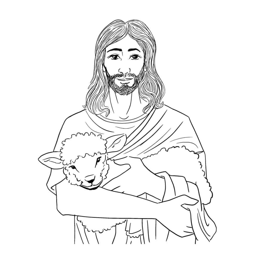 Jesus With Sheep 桌布 壁紙 — 一幅寧靜的線條畫，描繪耶穌溫柔地懷抱一隻羔羊，身穿柔軟飄逸的長袍。