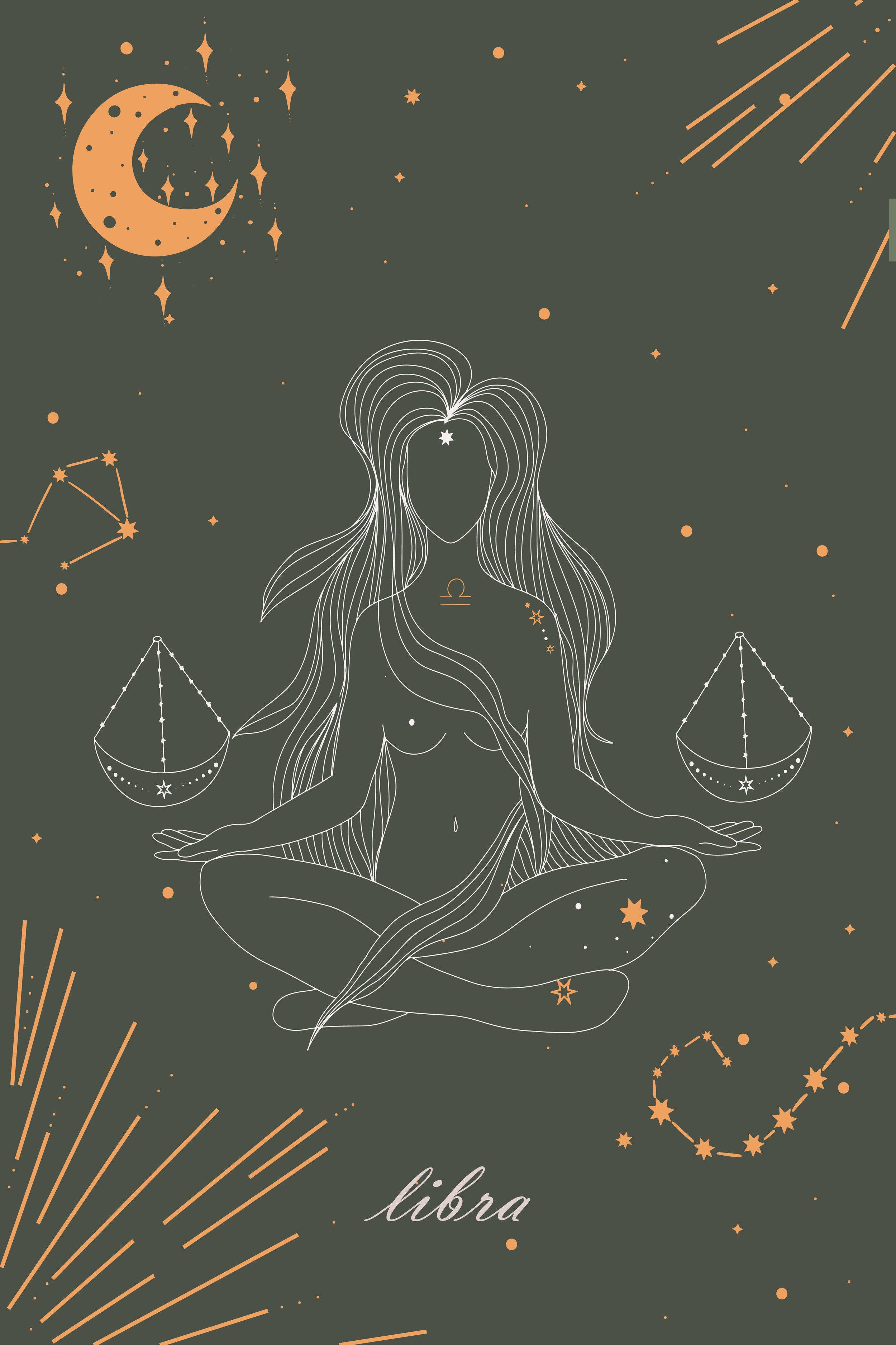 Meditation 桌布 壁紙 — 一幅寧靜的線條藝術插圖，描繪天秤座星座人物在繁星點點的深綠色背景前，伴隨宇宙符號冥想。