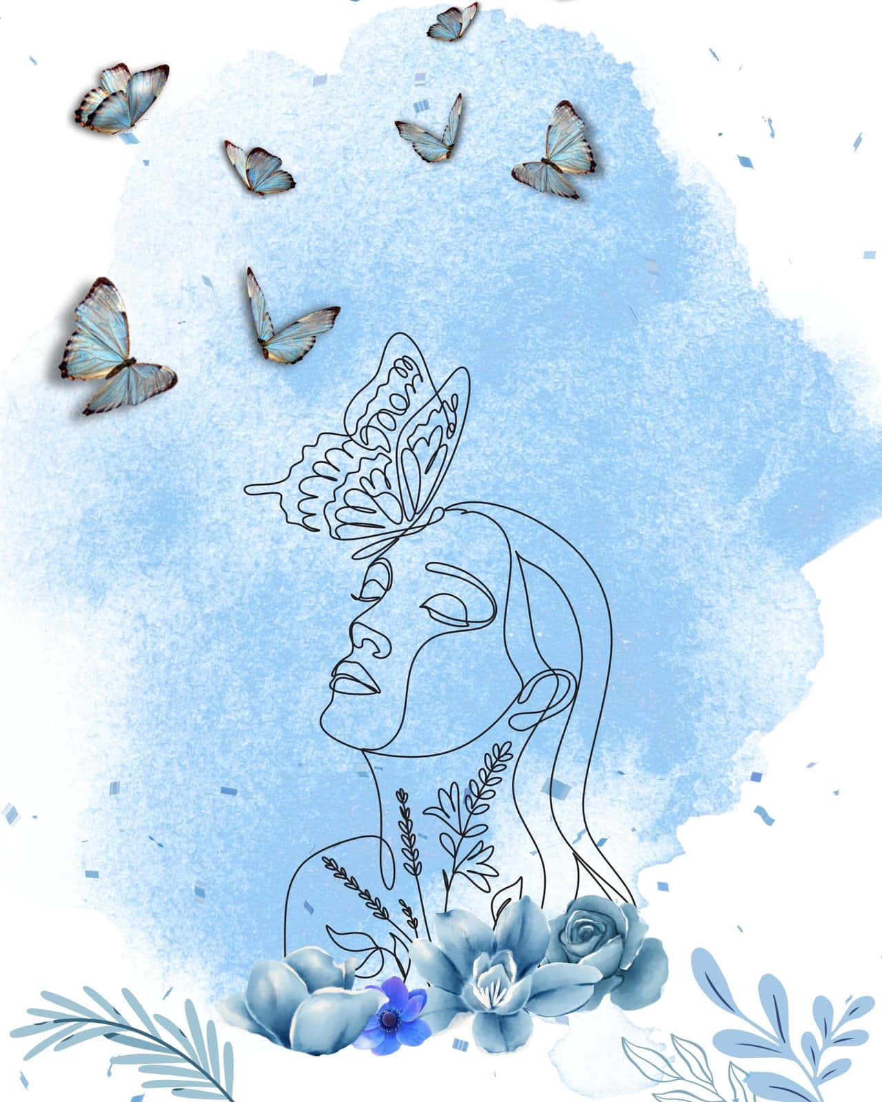 Illustration 桌布 壁紙 — 一幅寧靜的線條藝術肖像畫，描繪一位頭上有蝴蝶的女性，周圍環繞著飄浮的蝴蝶和藍色花卉元素，背景是柔和的水彩藍色。