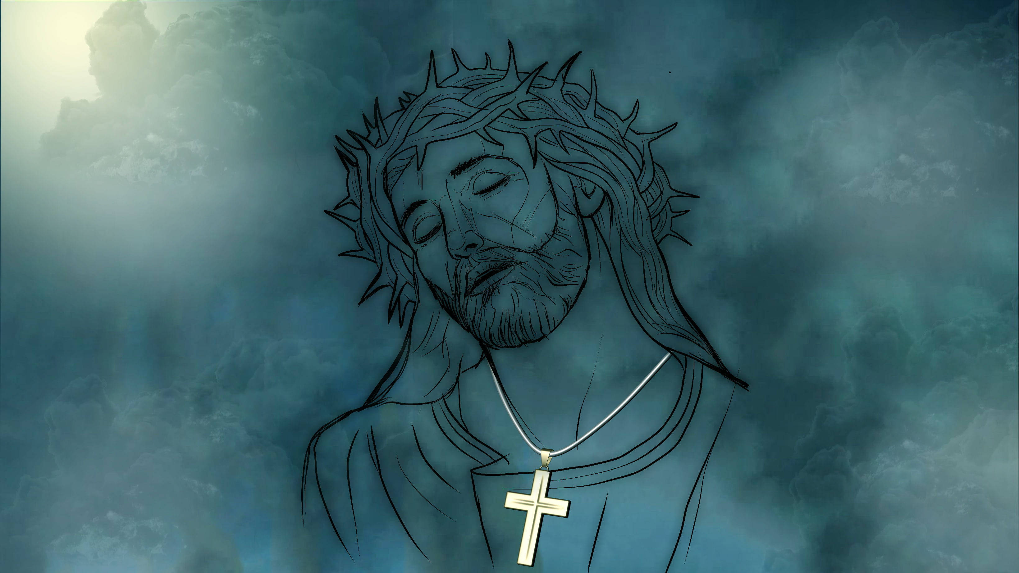 Christ 桌布 壁紙 — 一幅寧靜的線條藝術肖像畫，描繪耶穌戴著荊棘冠冕和十字架項鍊，背景是陰雲密佈的藍灰色天空。