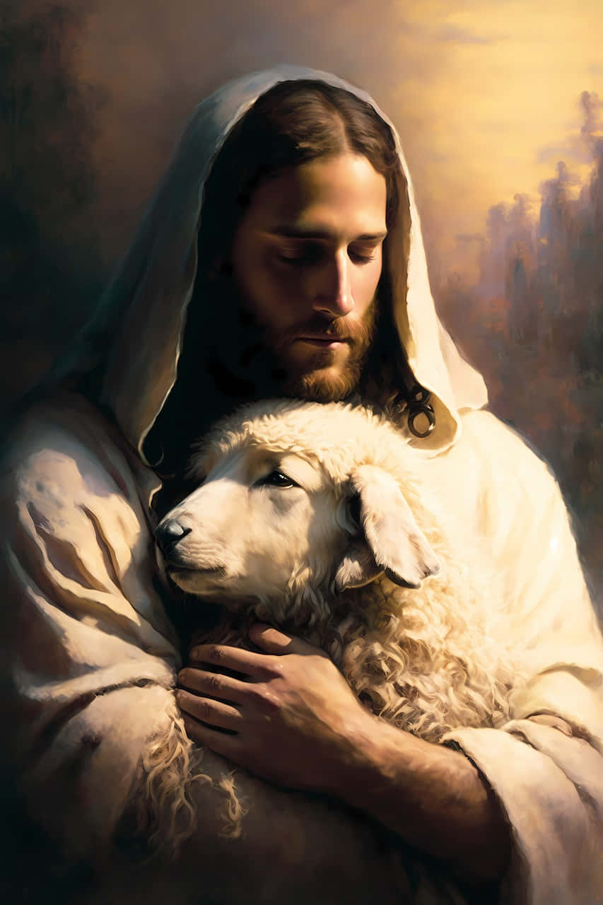 Jesus With Sheep 桌布 壁紙 — 一幅寧靜的耶穌肖像，在柔和的金色光芒中溫柔地懷抱一隻白色羔羊，背景是朦朧的遠方城市景觀。