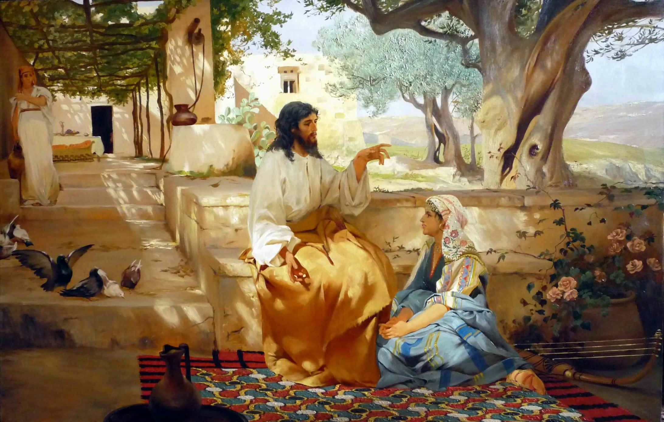 Religious Art 桌布 壁紙 — 一幅寧靜的聖經場景，描繪一位身穿白袍、留鬍鬚的男子，坐在一位身穿藍衣的女子旁邊，在橄欖樹下比劃手勢，附近有鴿子。