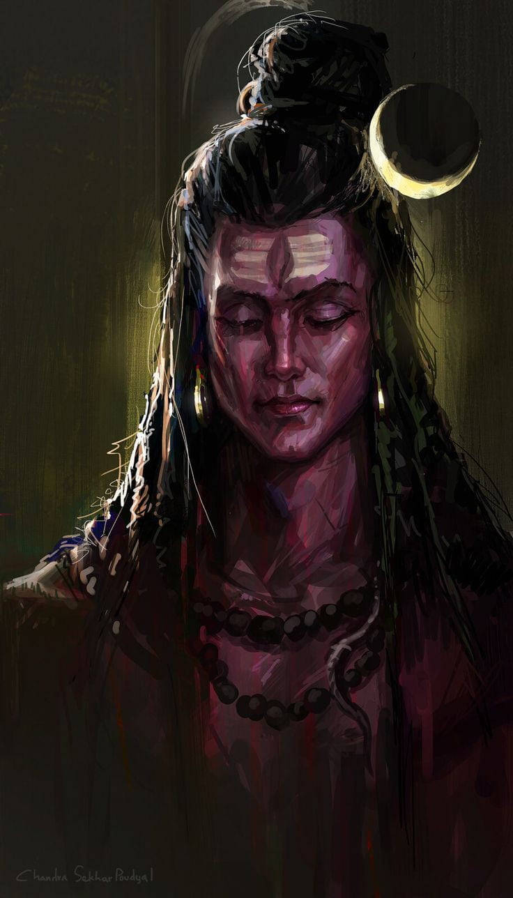 Mahadev Full HD 桌布 壁紙 — 一幅寧靜的肖像畫，描繪一位閉上眼睛、頭髮上飾有新月的人物，以陰暗憂鬱的油畫風格繪製。