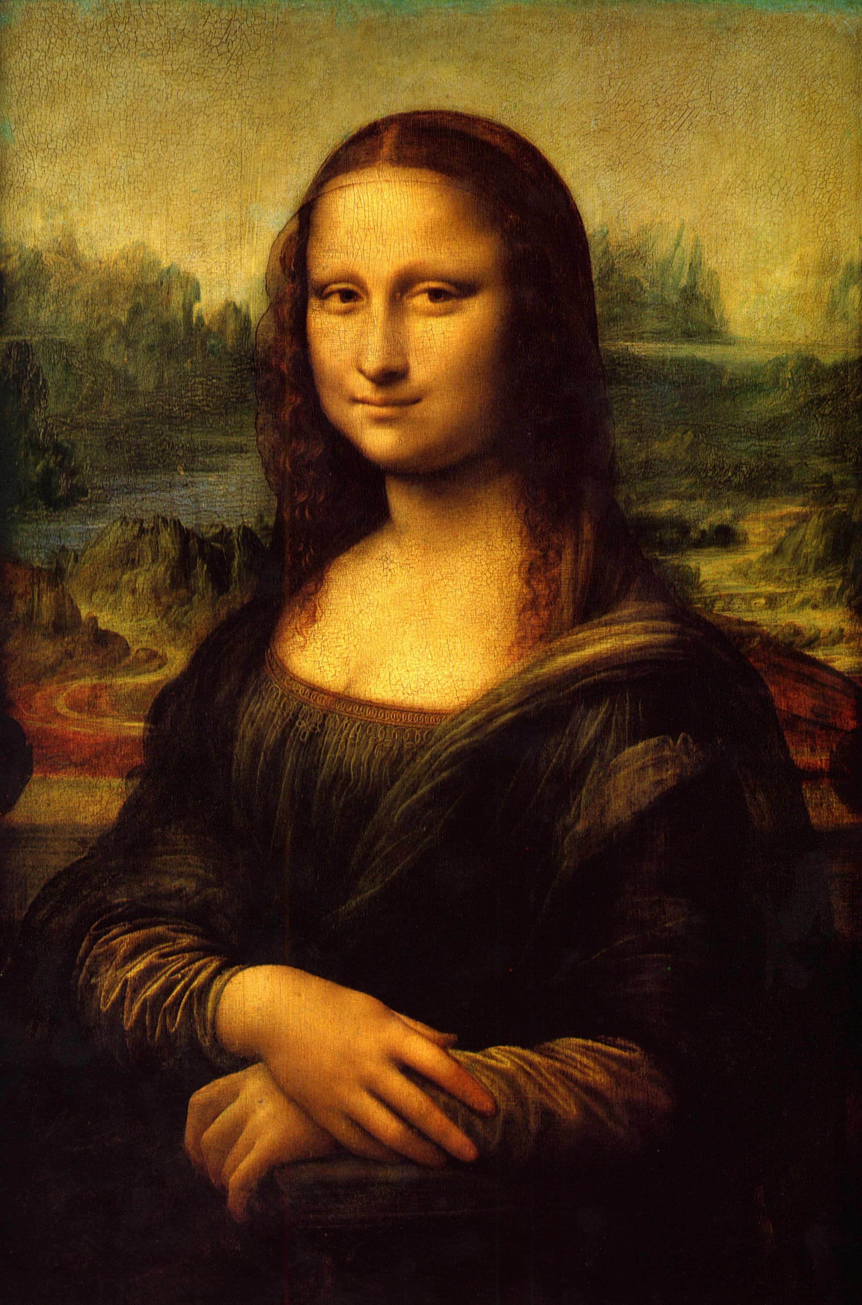Oil Painting 桌布 壁紙 — 一幅寧靜的蒙娜麗莎肖像，她帶著神秘微笑，背景是朦朧的遠方風景。