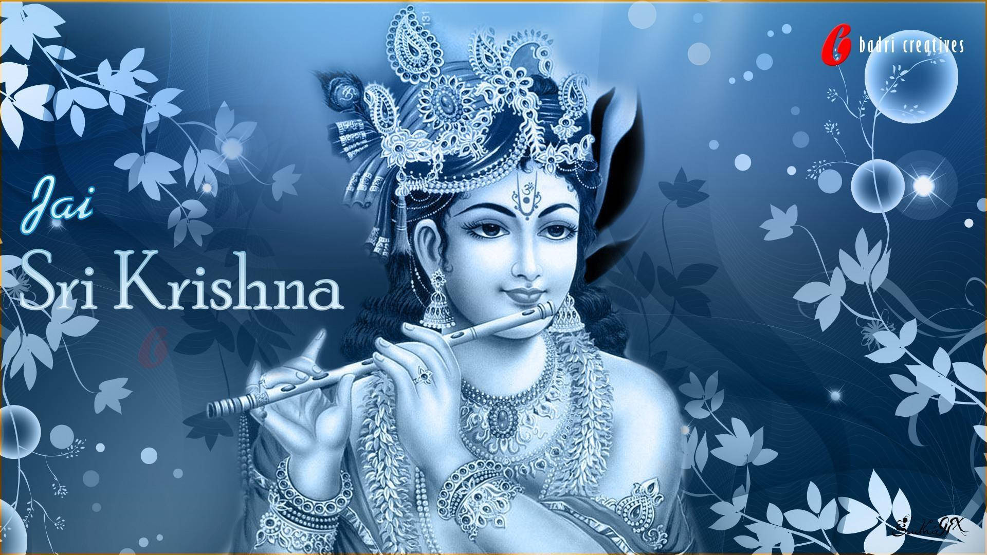 Bal Krishna 桌布 壁紙 — 一幅寧靜的藍色調插圖，描繪了克里希納神吹奏裝飾有花卉圖案和閃爍氣泡的長笛。