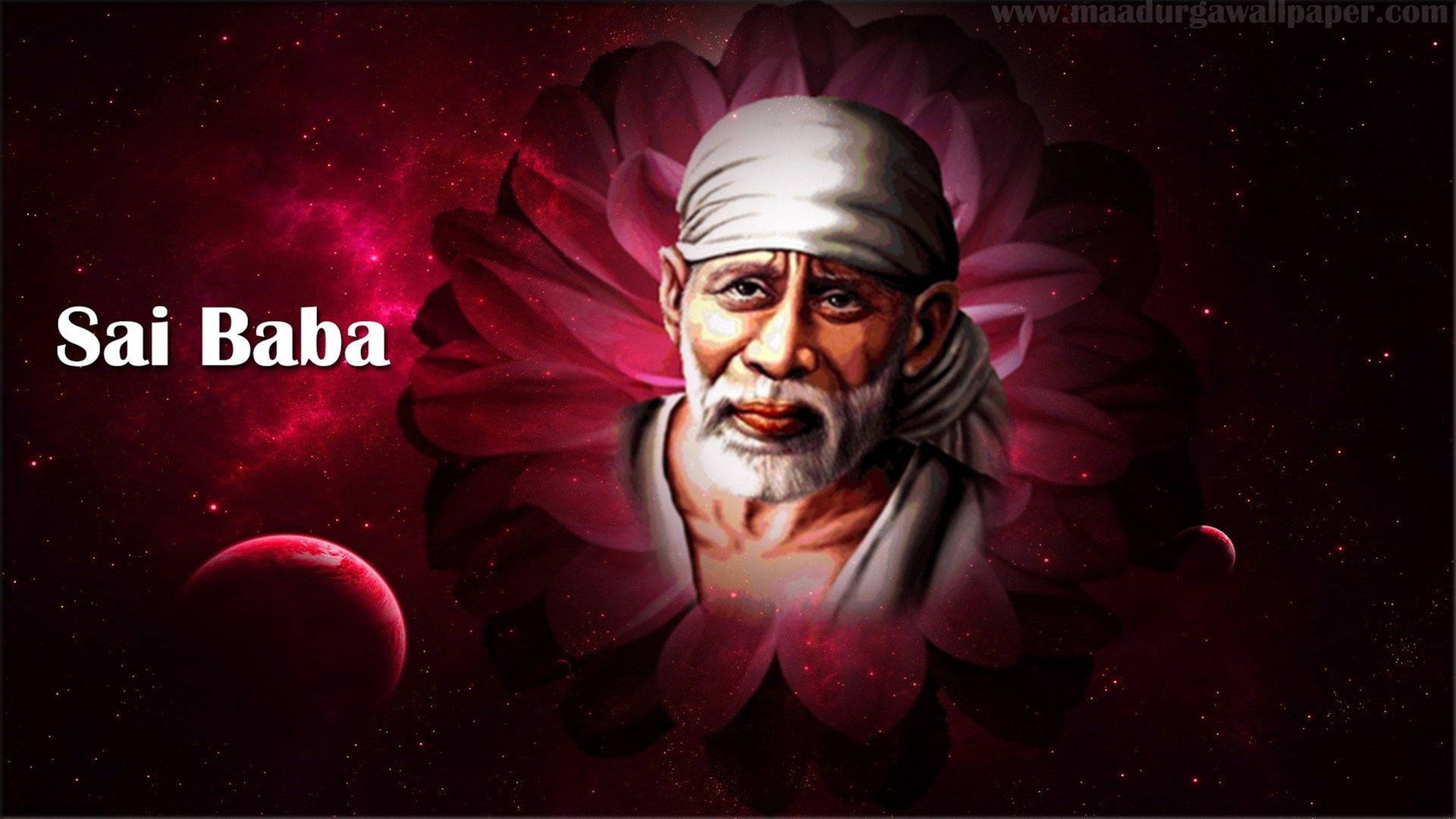 賽巴巴肖像被紅蓮花和宇宙星星環繞。 — Sai Baba 高畫質壁紙 壁紙