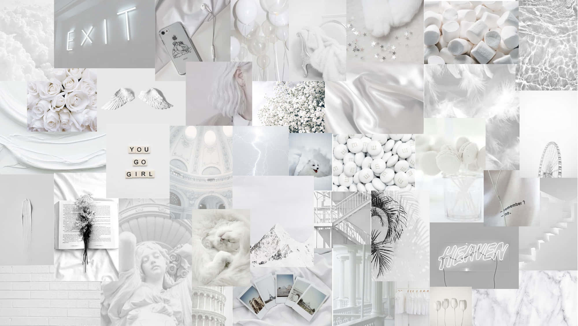 White Aesthetic Laptop 桌布 壁紙 — 一幅寧靜的黑白拼貼畫，包含白玫瑰、羽毛、棉花糖和天使翅膀，喚起純潔與平靜。