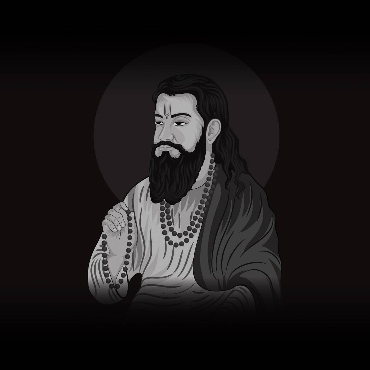 Indian 桌布 壁紙 — 一幅寧靜的黑白插圖，描繪一位留鬍鬚的聖人手持念珠，背景為深色漸變。