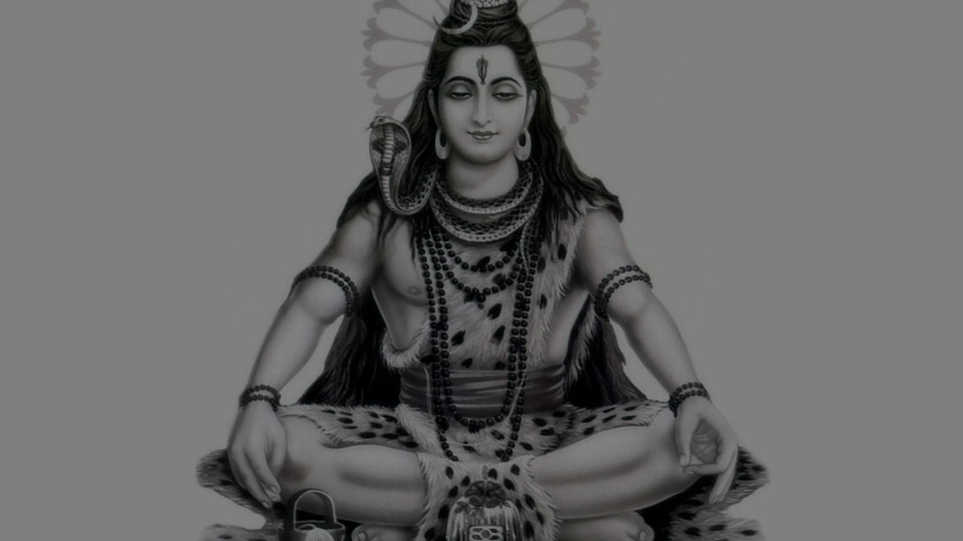shiva dark 桌布 壁紙 — 一幅寧靜的黑白插圖，描繪了濕婆在冥想姿勢中，飾有蛇和珠子，背景為純灰色。