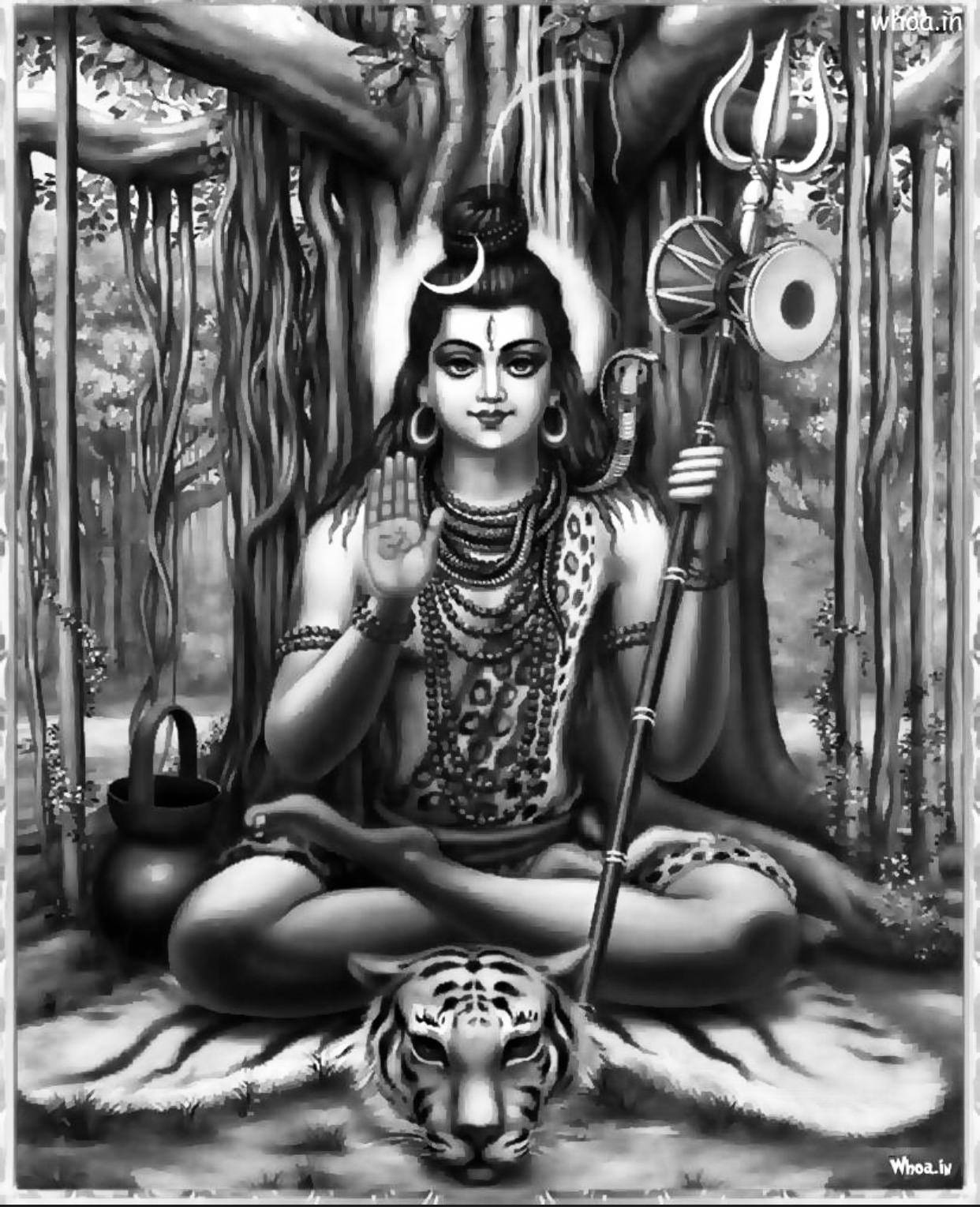 濕婆 桌布 壁紙 — 一幅寧靜的黑白插圖，描繪濕婆神在榕樹下冥想，腳邊有一隻老虎。