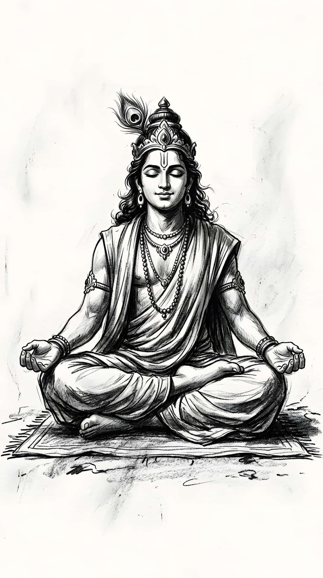 Lord Krishna in Meditative Yoga Pose Sketch, Spiritual Art for Peace and Mindfulness Concept 壁紙 — 一幅寧靜的黑白素描，描繪一位神祇以蓮花坐姿，飾有孔雀羽毛冠冕和層疊項鍊。