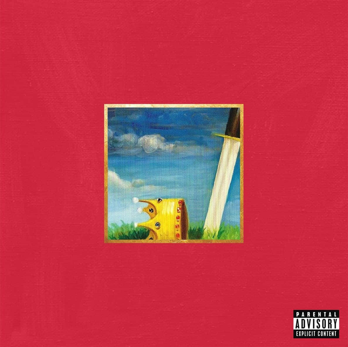 kanye west android 桌布 壁紙 — 一幅小框畫作展示在藍天下草地上的一頂黃色王冠和劍，背景為純紅色。