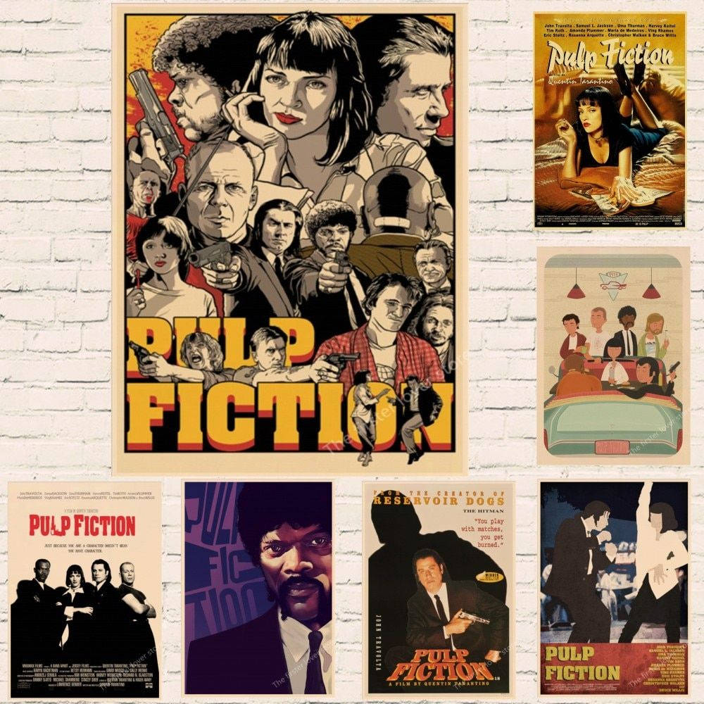 Pulp Fiction 桌布 壁紙 — 一幅展示在白磚牆上的復古《黑色追緝令》電影海報拼貼畫。
