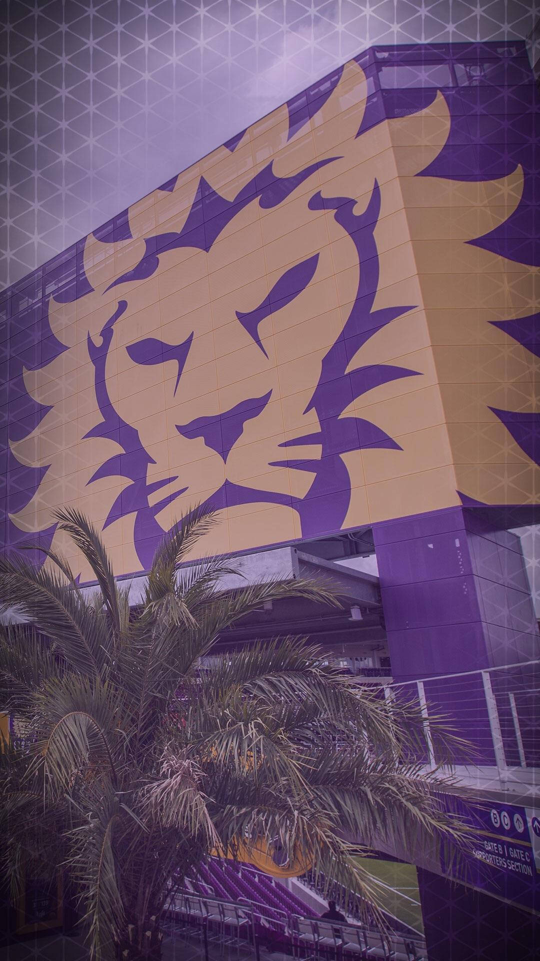 足球 桌布 壁紙 — 一幅巨大的紫金色獅頭壁畫主導了體育場的外牆，前景有棕櫚葉，天空多雲。
