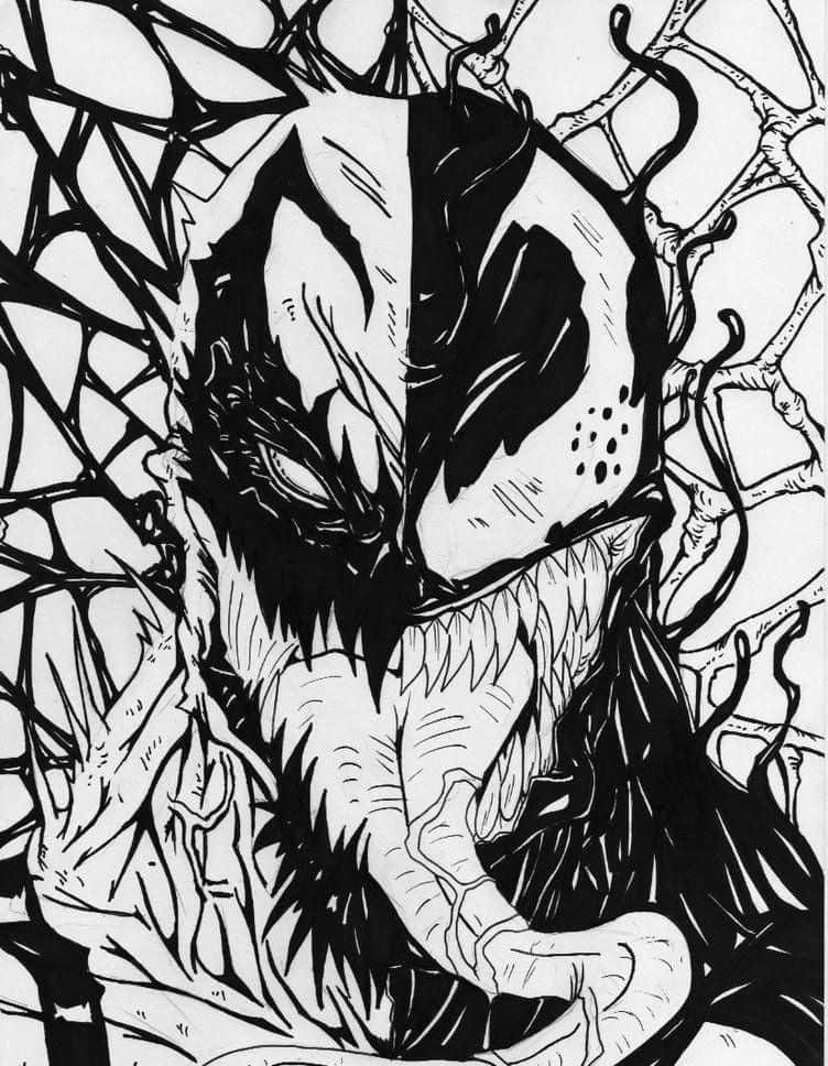桌布 壁紙 — 一幅帶有威脅性的黑白漫畫風格插圖，描繪猛毒半張臉被蛛網狀捲鬚遮蓋。