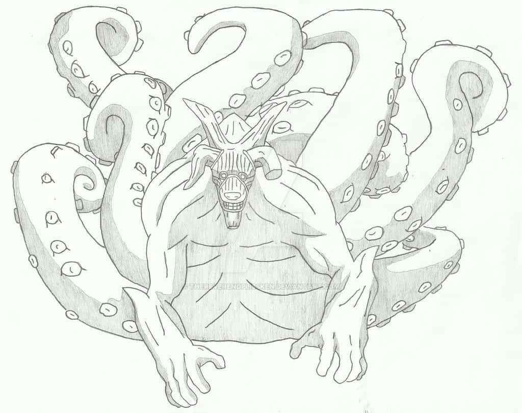 Gyuki 桌布 壁紙 — 一幅帶有威脅感的鉛筆素描，描繪一個肌肉發達的人形生物，多條章魚觸手在其身體周圍盤旋。