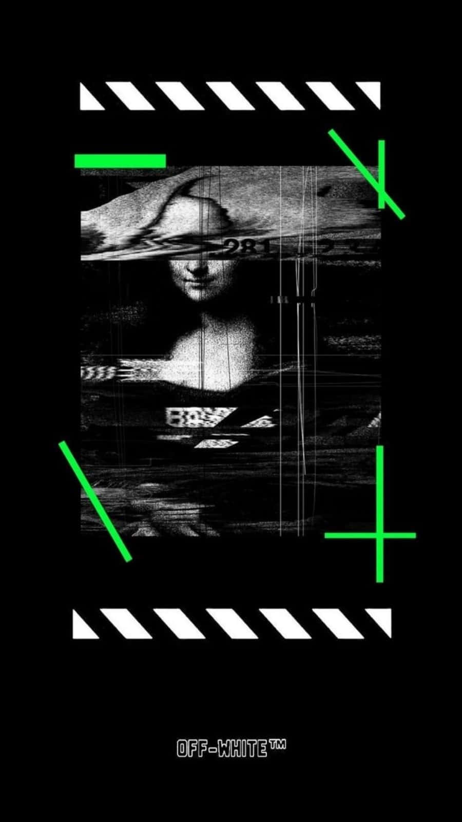 lines 桌布 壁紙 — 一幅帶有故障效果的單色蒙娜麗莎，以綠色數位線條和白色危險條紋框在黑色背景上。