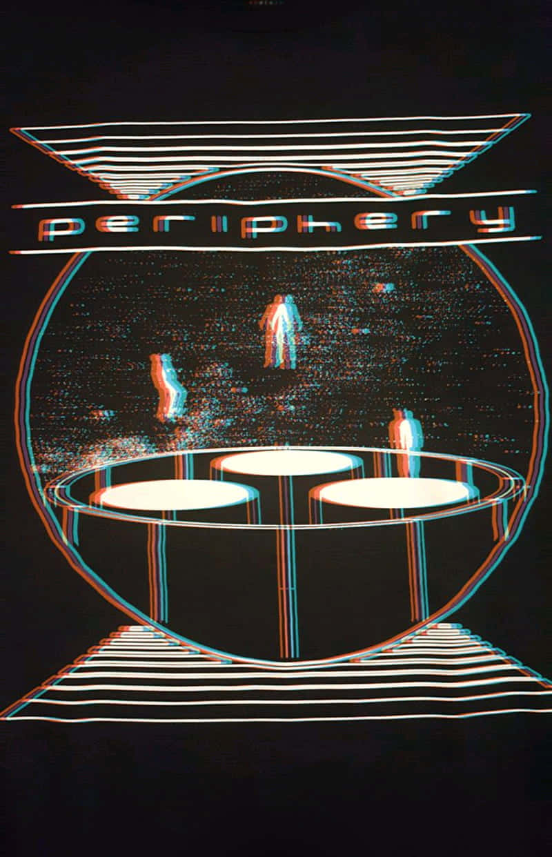 Peripheral 桌布 壁紙 — 一幅帶有故障效果的數位藝術作品，在球體上方有「periphery」字樣，並有漂浮的人物和發光平台，背景為深色。