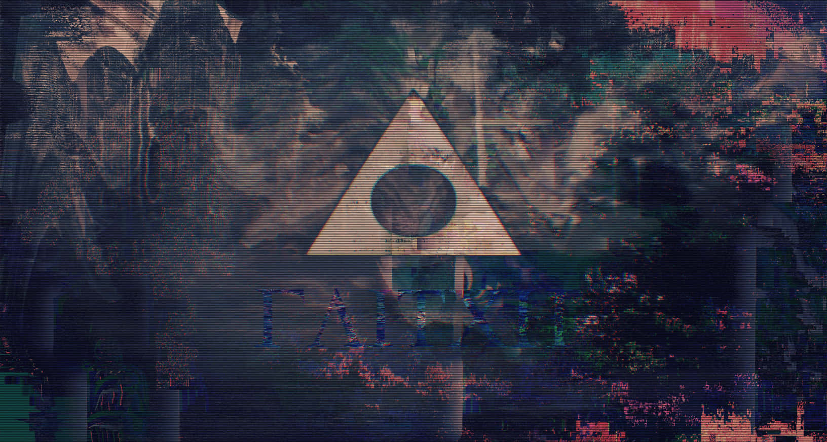 Glitch 桌布 壁紙 — 一幅帶有故障效果的數位藝術作品，展示一個白色三角形，中心有一個黑色圓形，背景是扭曲、抽象的深藍色和紫色，帶有像素化噪點。