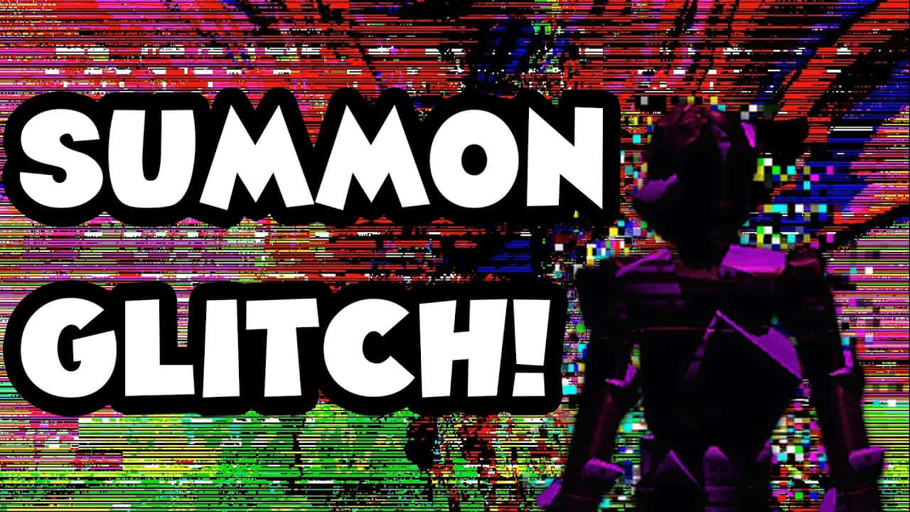Glitch 桌布 壁紙 — 一幅帶有故障效果的數位藝術作品，在充滿活力的像素化背景上以粗體文字顯示「SUMMON GLITCH!」，並帶有深色剪影。
