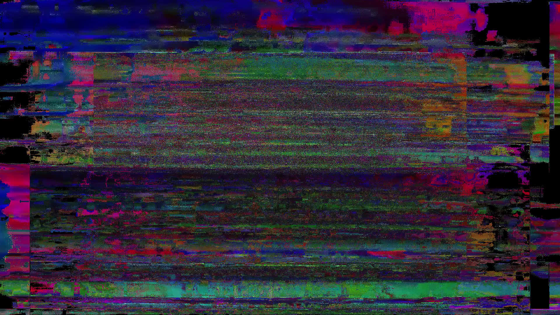 Glitch Effect 桌布 壁紙 — 一幅帶有水平數位雜訊條紋的故障藝術桌布，色彩鮮豔，包括紫色、粉紅色和綠色。