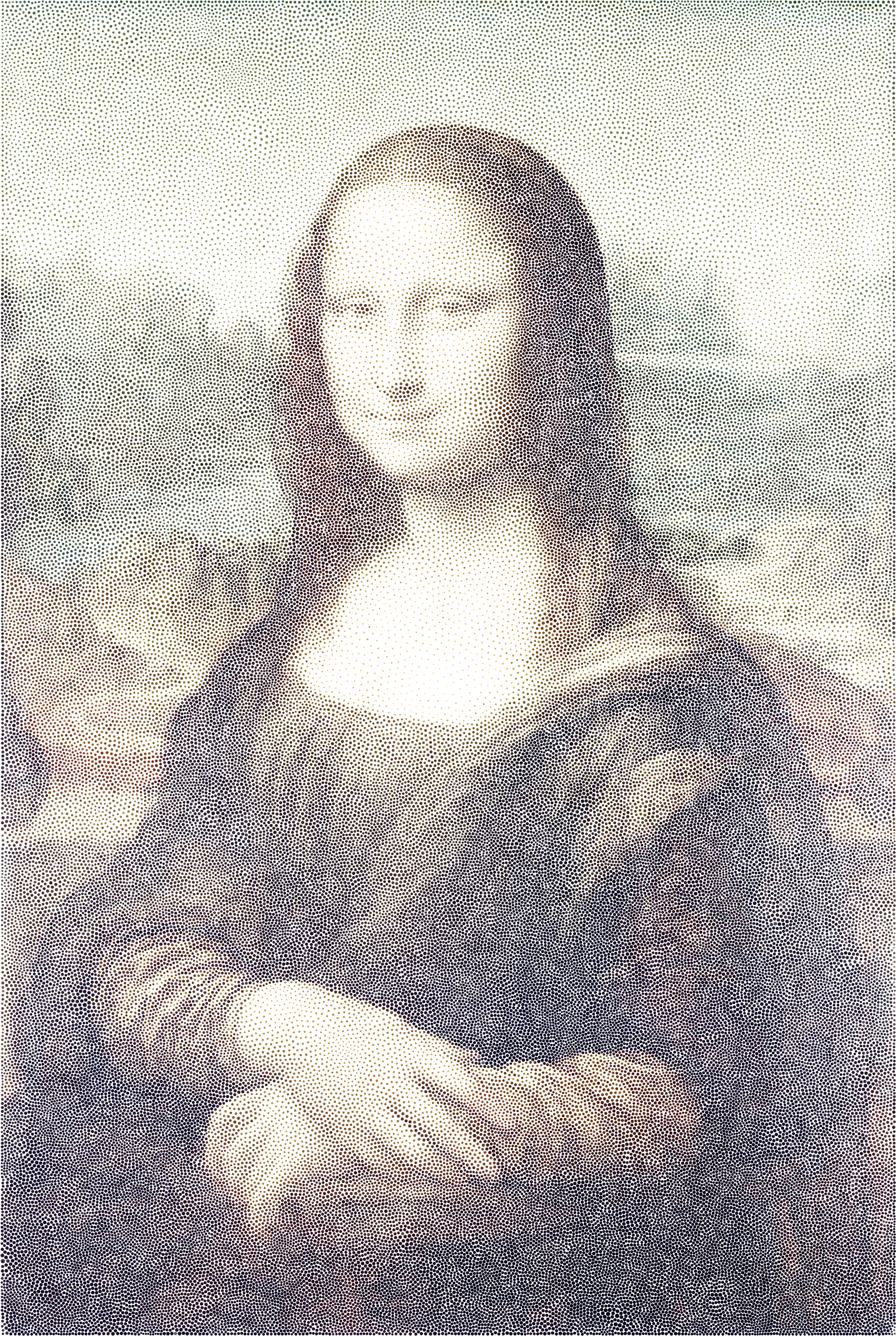 Mona 桌布 壁紙 — 一幅帶有神秘微笑和模糊特徵的蒙娜麗莎暗色點畫肖像。