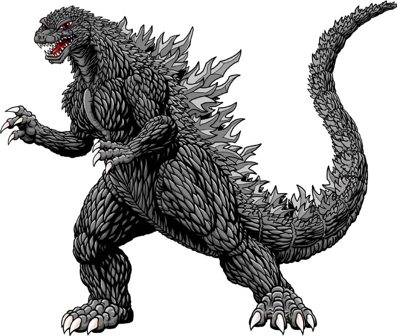 Godzilla 2000 桌布 壁紙 — 一幅帶有紅色眼睛、兇猛的黑灰色哥吉拉插圖，以動態姿勢在純白背景上咆哮。
