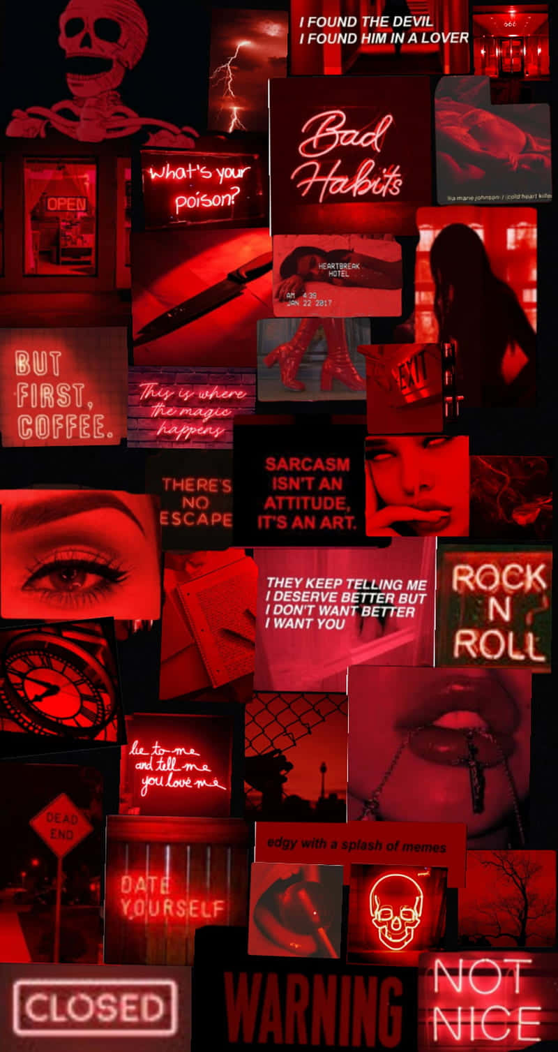 Red Cute Aesthetic 桌布 壁紙 — 一幅帶有紅色調的圖片和文字片段拼貼畫，包含骷髏頭、嘴唇、時鐘和尖銳的語錄，營造出大膽叛逆的美學。
