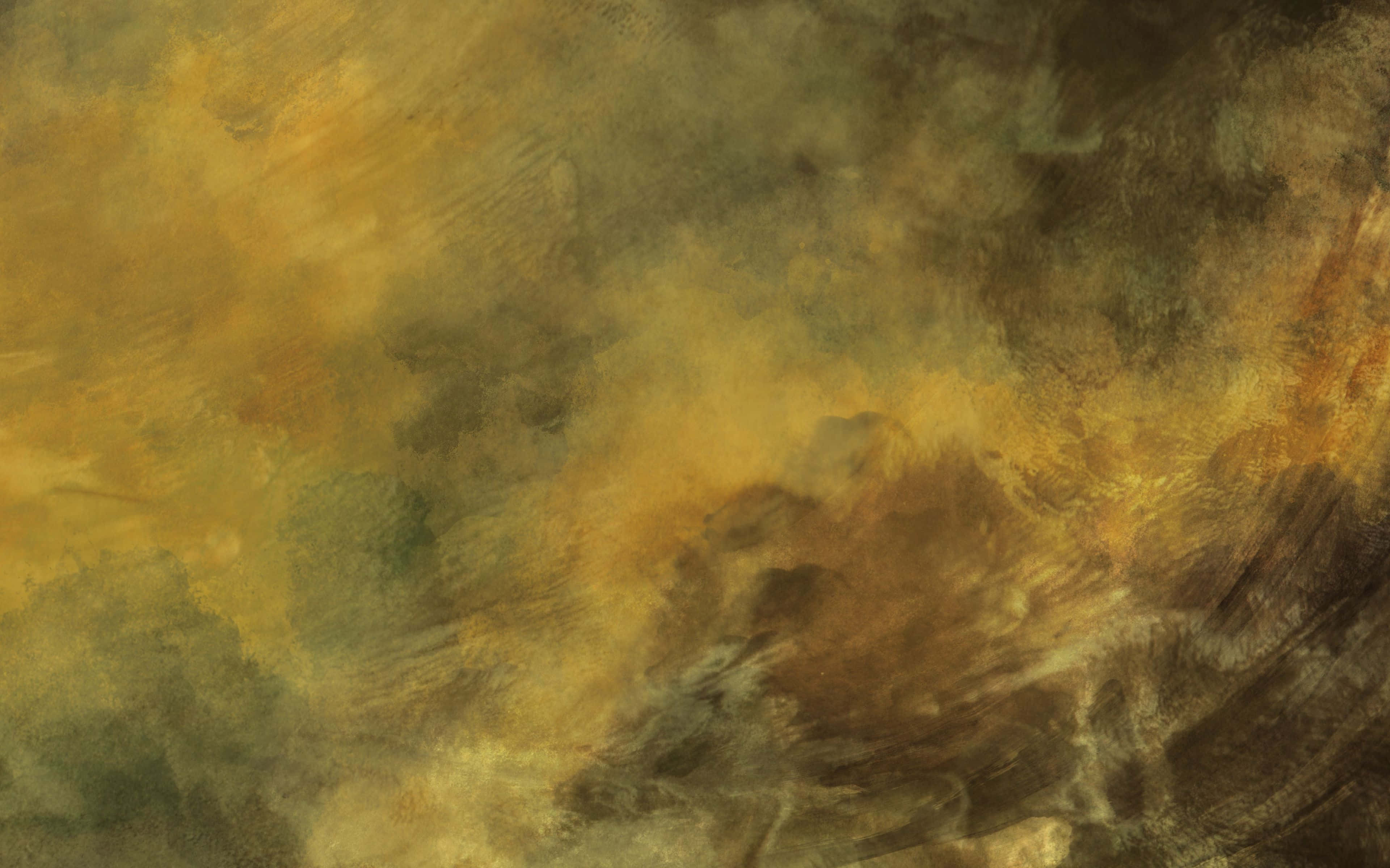 Yellow Grunge 桌布 壁紙 — 一幅帶有紋理的抽象畫，呈現旋轉的金色赭石和大地棕色色調，融入柔和的綠色和灰色洗滌效果。