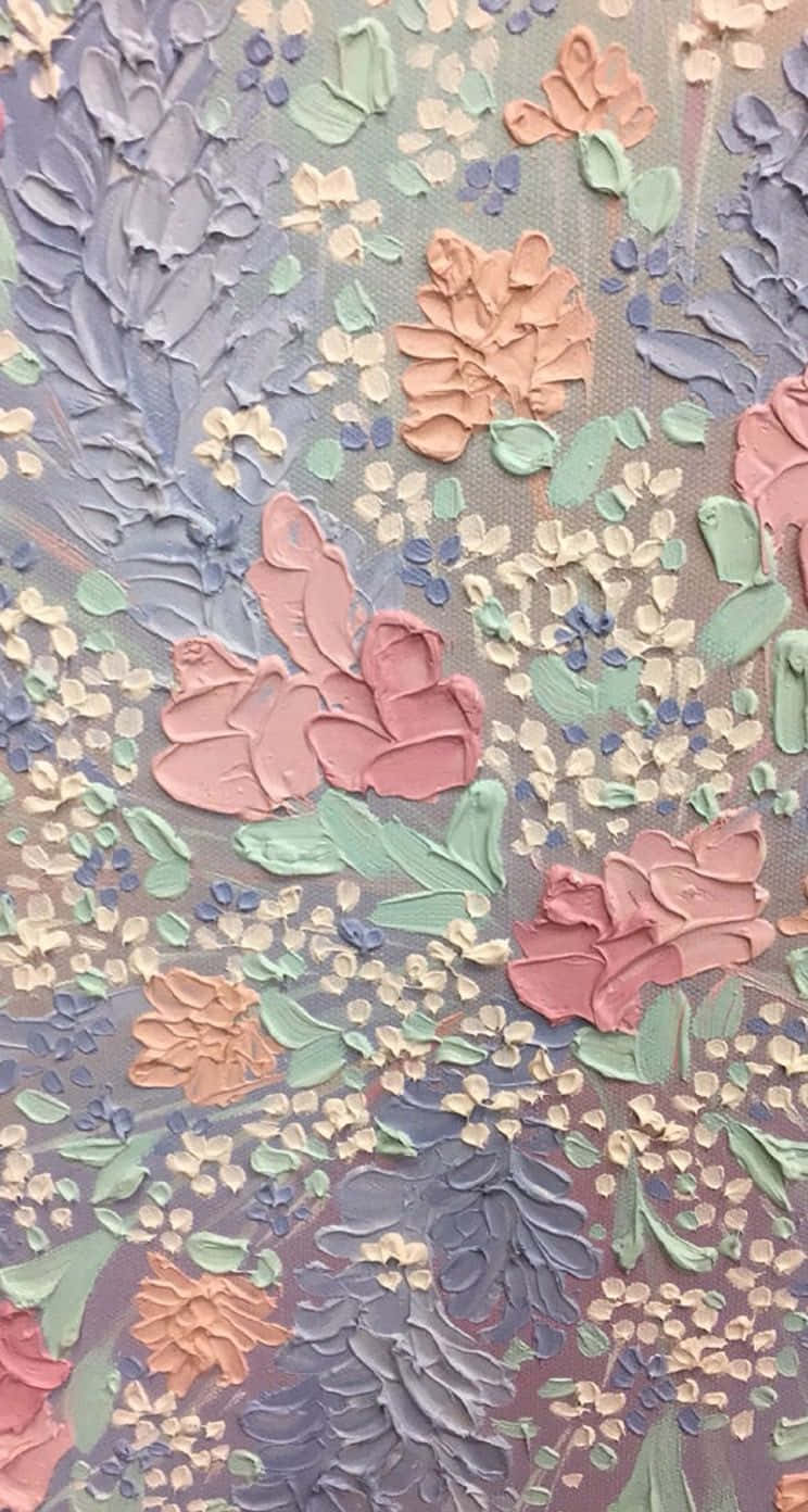 Pastel Vintage iPhone 桌布 壁紙 — 一幅帶有紋理的油畫，以柔和粉紅、綠色和紫色的厚塗花朵繪製在柔和背景上。
