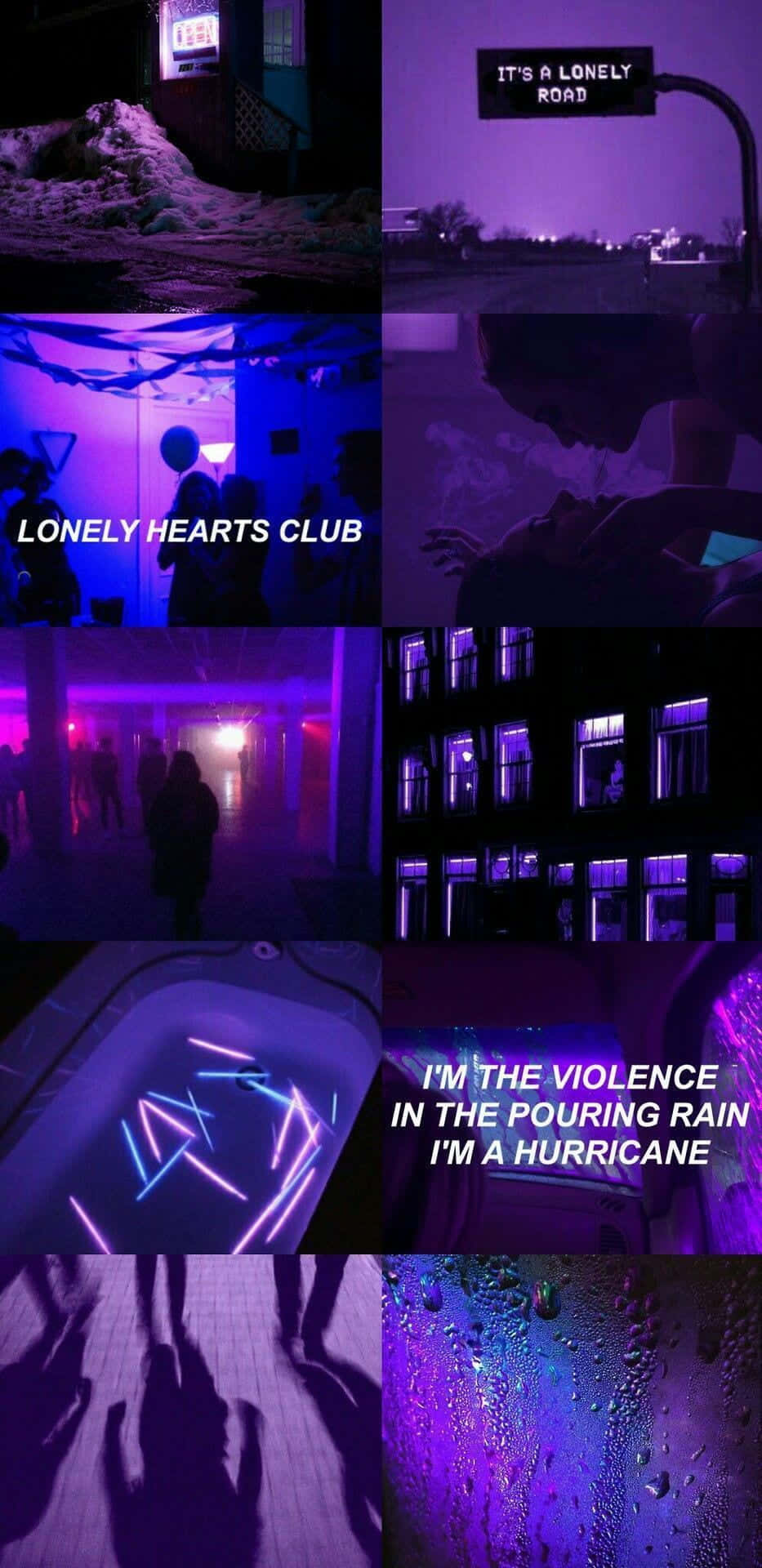 桌布 壁紙 — 一幅帶有紫色調的都市夜景拼貼畫，包含霓虹燈牌 lonely hearts club 文字和玻璃上的雨滴。