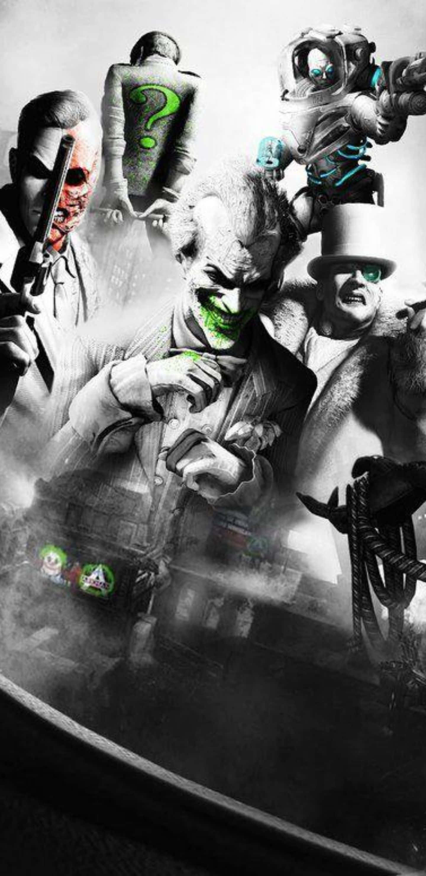 Pixel 3xl Batman Arkham City 桌布 壁紙 — 一幅帶有綠色點綴的蝙蝠俠反派拼貼畫，背景是粗糙的城市景觀。