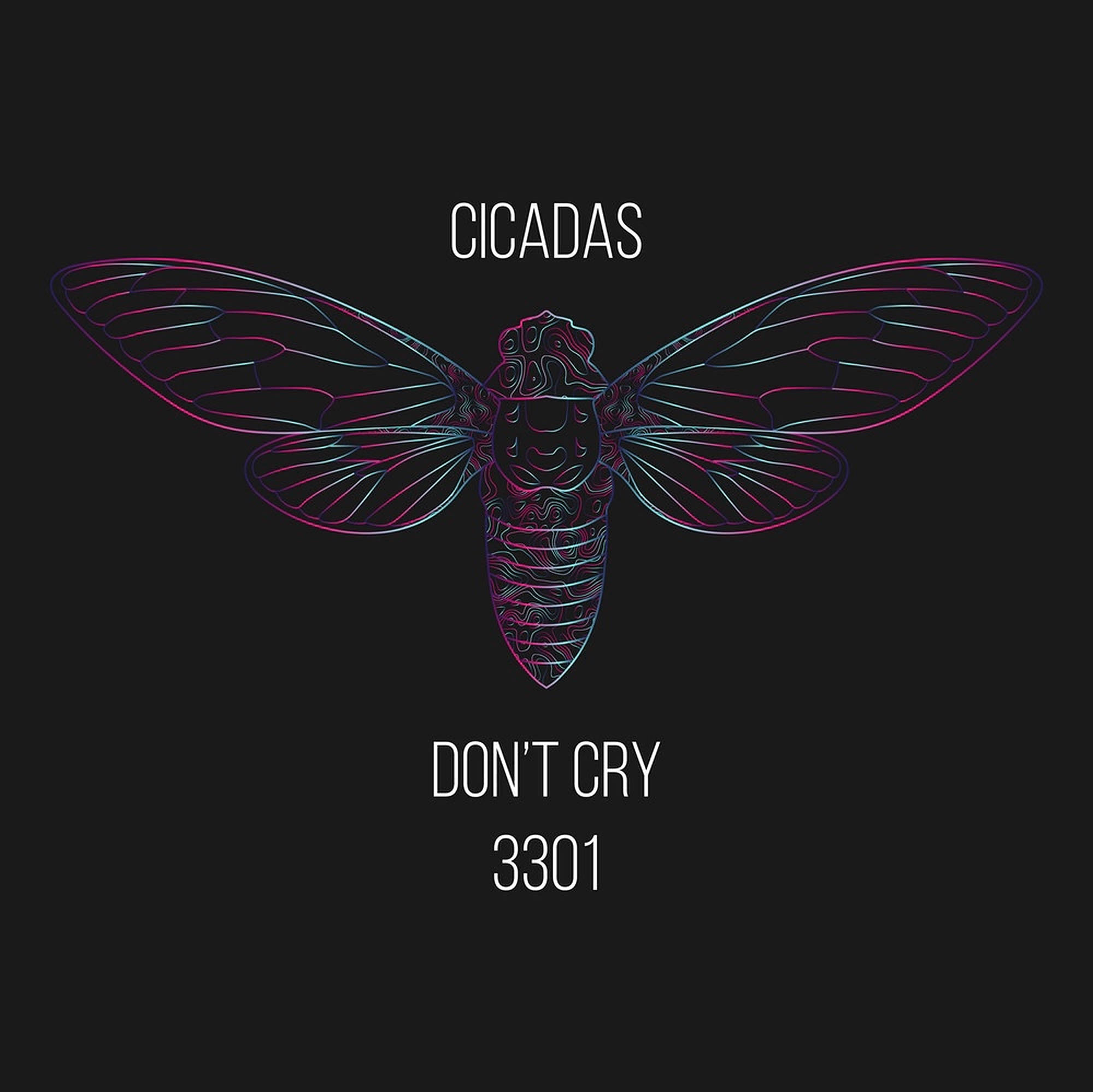Cicada 桌布 壁紙 — 一幅帶有複雜翅膀圖案的霓虹燈蟬插圖在黑暗背景上發光，並帶有文字。