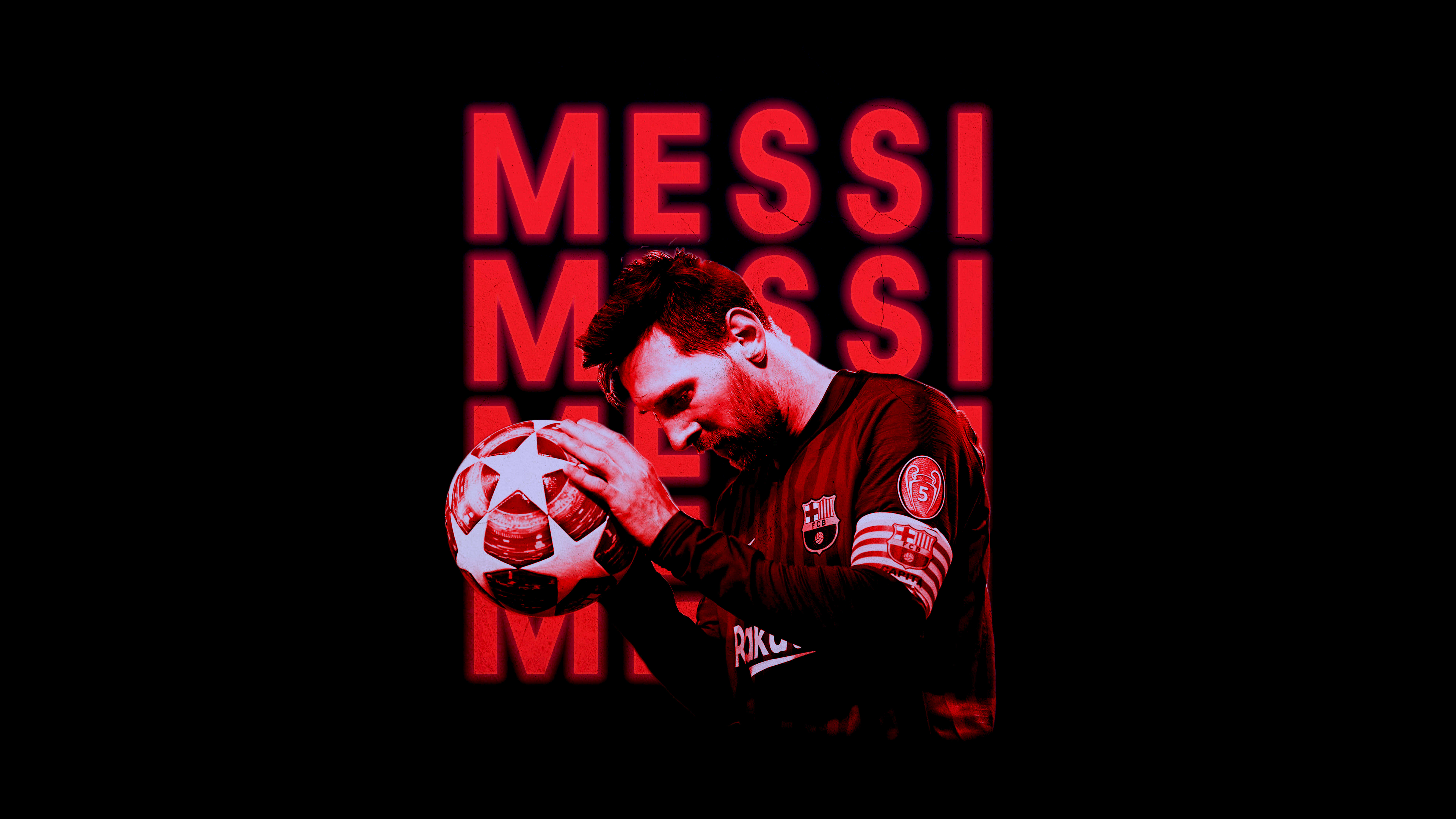 Messi Cool 桌布 壁紙 — 一幅帶紅色色調的肖像，描繪梅西手持足球，背景為黑色，並重複帶有紅色「MESSI」文字。