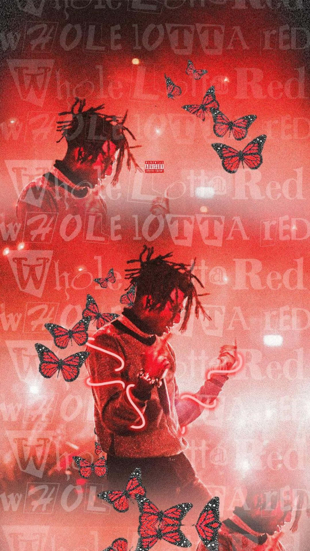 Playboi Carti iPhone 桌布 壁紙 — 一幅帶紅色調的肖像，一名留著辮子頭的男子被發光的蝴蝶和重複的專輯文字環繞。