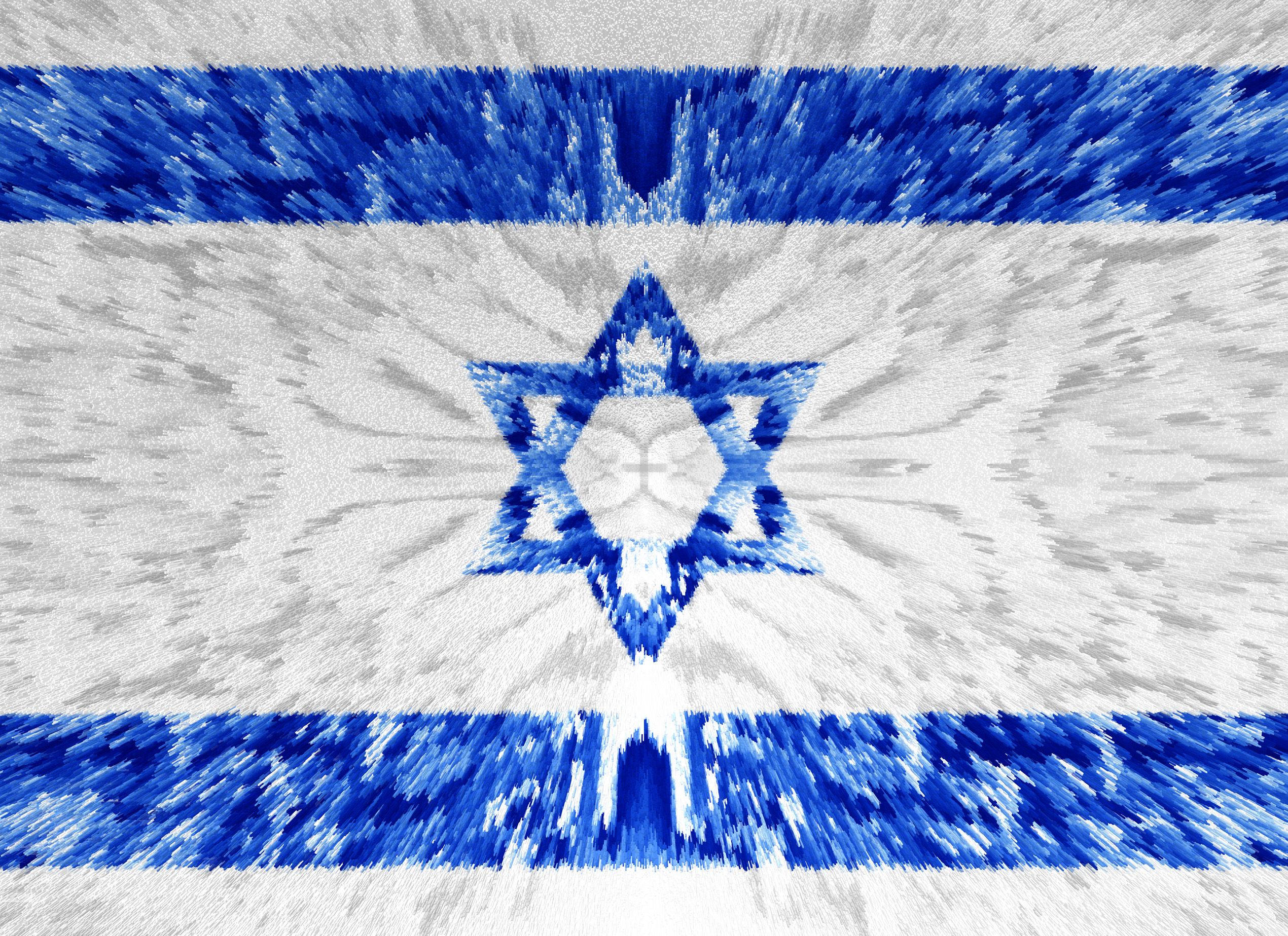 Israel Flag 桌布 壁紙 — 一幅帶紋理的以色列國旗數位藝術作品，白色背景上有鏡像的大衛之星和藍色條紋。