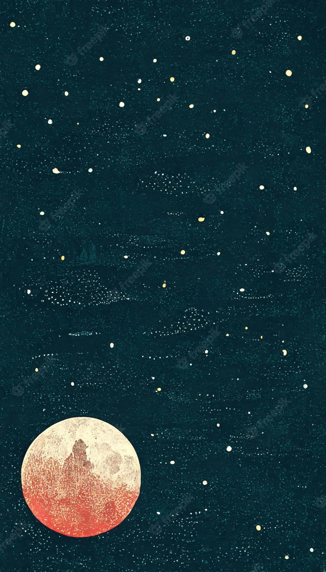 Cool Moon 桌布 壁紙 — 一幅帶紋理的插圖，描繪了在繁星點點的藍綠色夜空下，帶有淡淡雲朵的紅色和奶油色月亮發光。
