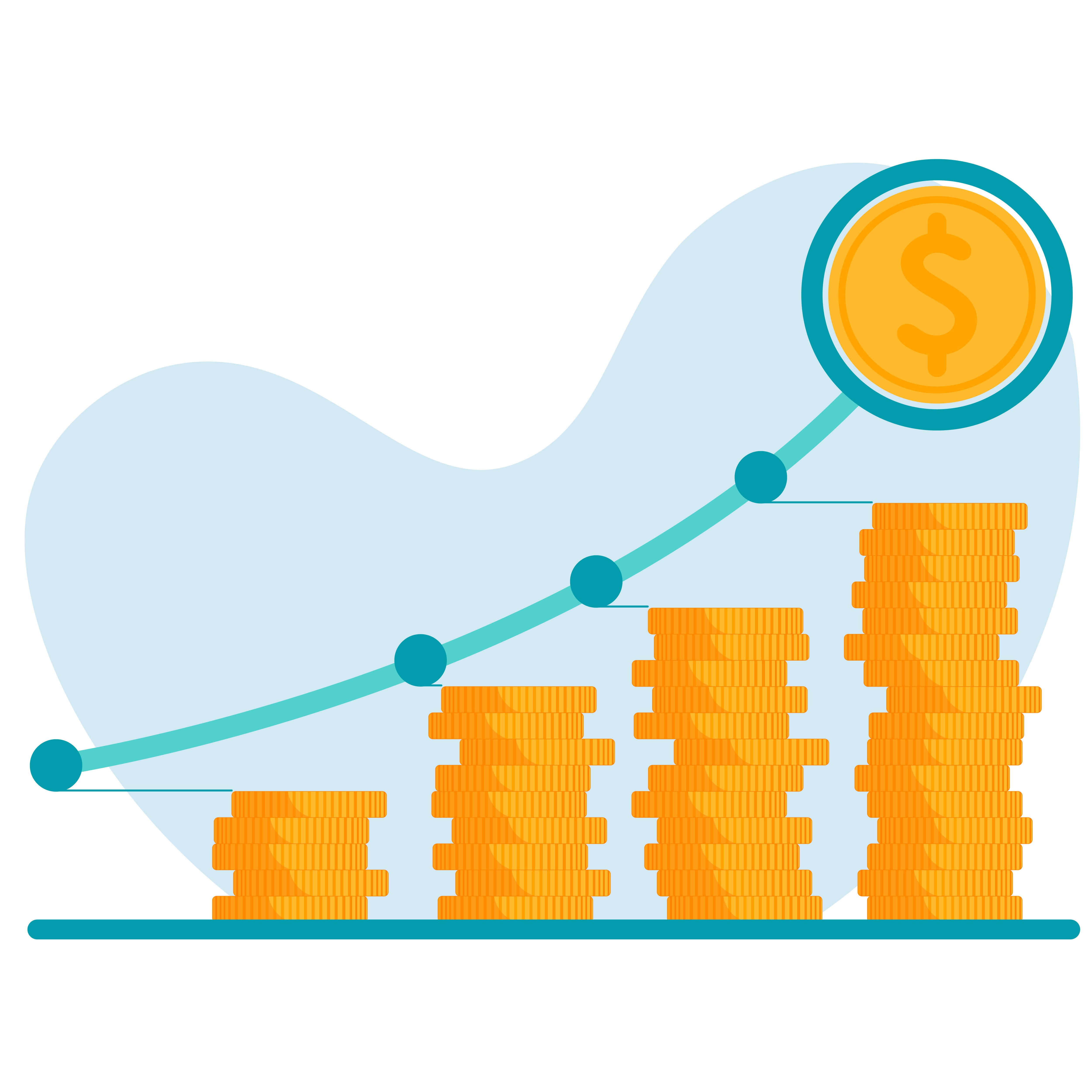 Green Finance 桌布 壁紙 — 一幅平面向量插圖顯示一堆堆金幣高度增加，伴隨一條青綠色上升趨勢線圖，末端以一枚美元硬幣結束。
