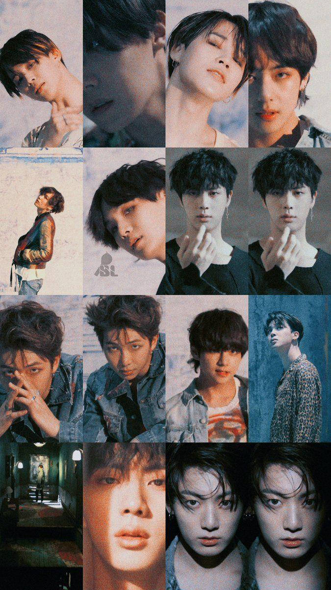 BTS 桌布 壁紙 — 一幅年輕男性的拼貼畫，呈現情緒化、電影感的肖像，帶有柔和光線和多樣表情。