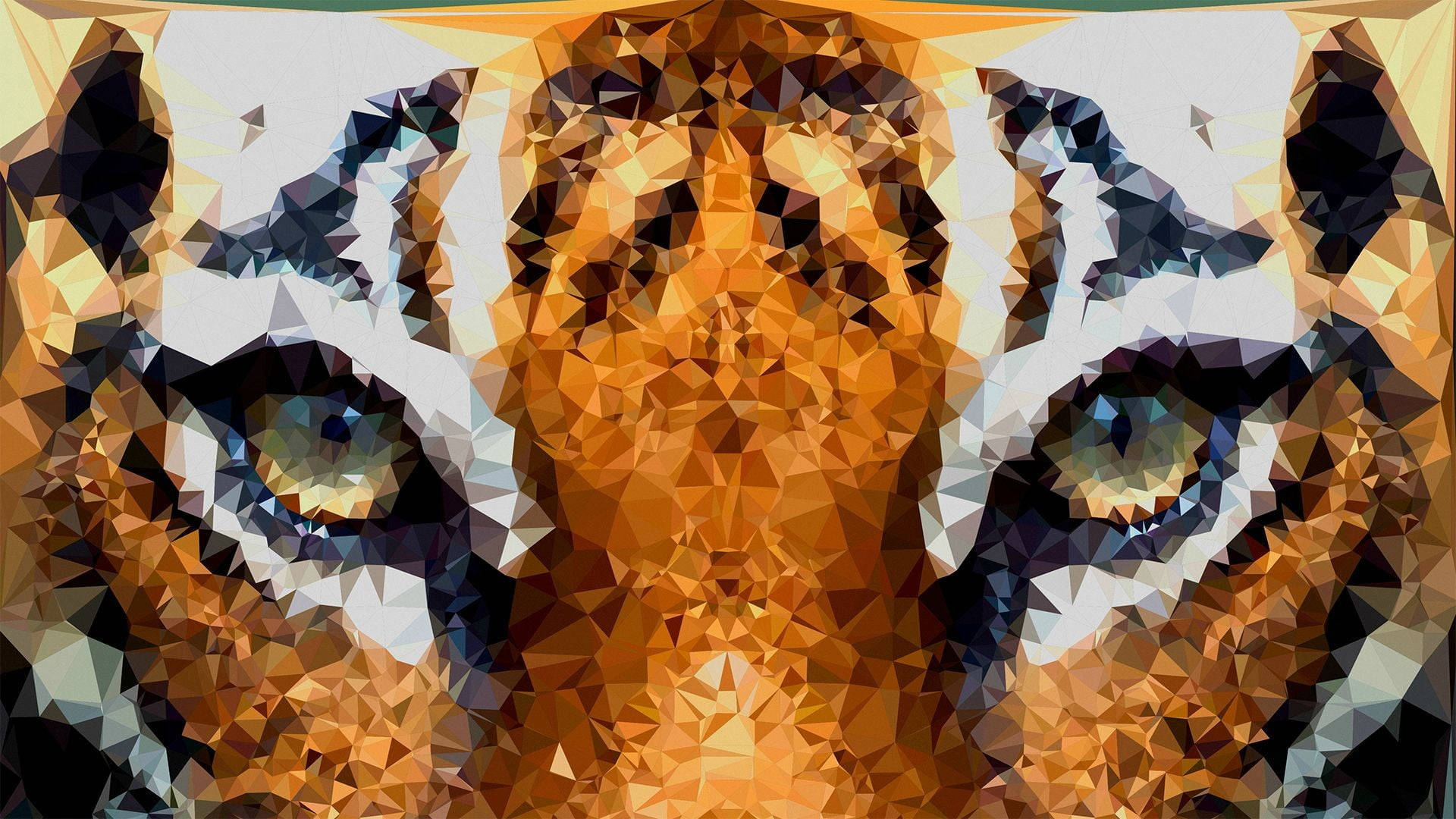  壁紙 — 一幅引人注目的低多邊形數位藝術作品，描繪老虎強烈的臉部，具有銳利的幾何切面和鮮豔的橙琥珀色調。