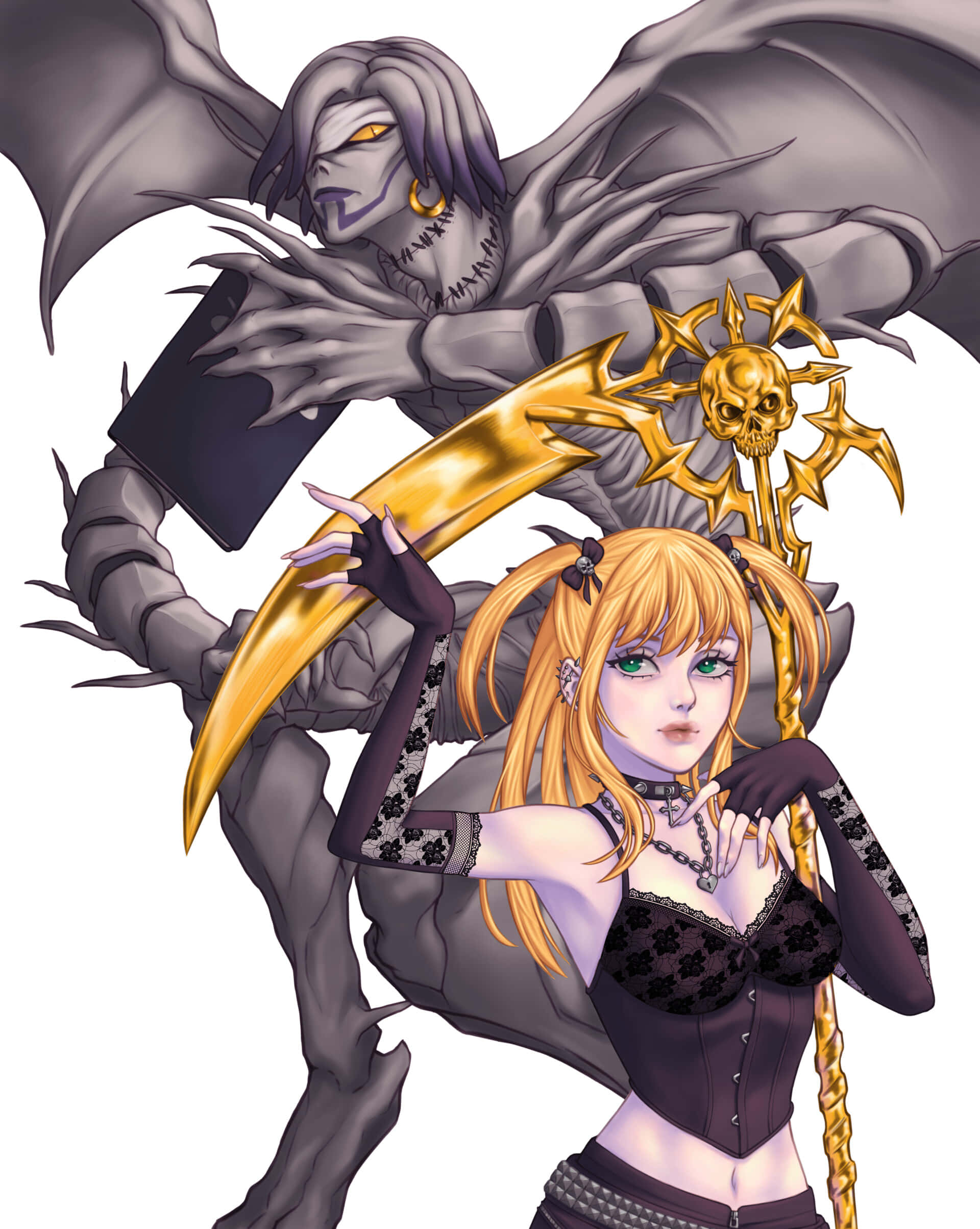 Death Note Rem 桌布 壁紙 — 一幅引人注目的動漫風格插圖，描繪一位金髮綠眼的女子手持金色鐮刀，旁邊站著一隻黃眼睛的灰色有翼惡魔。