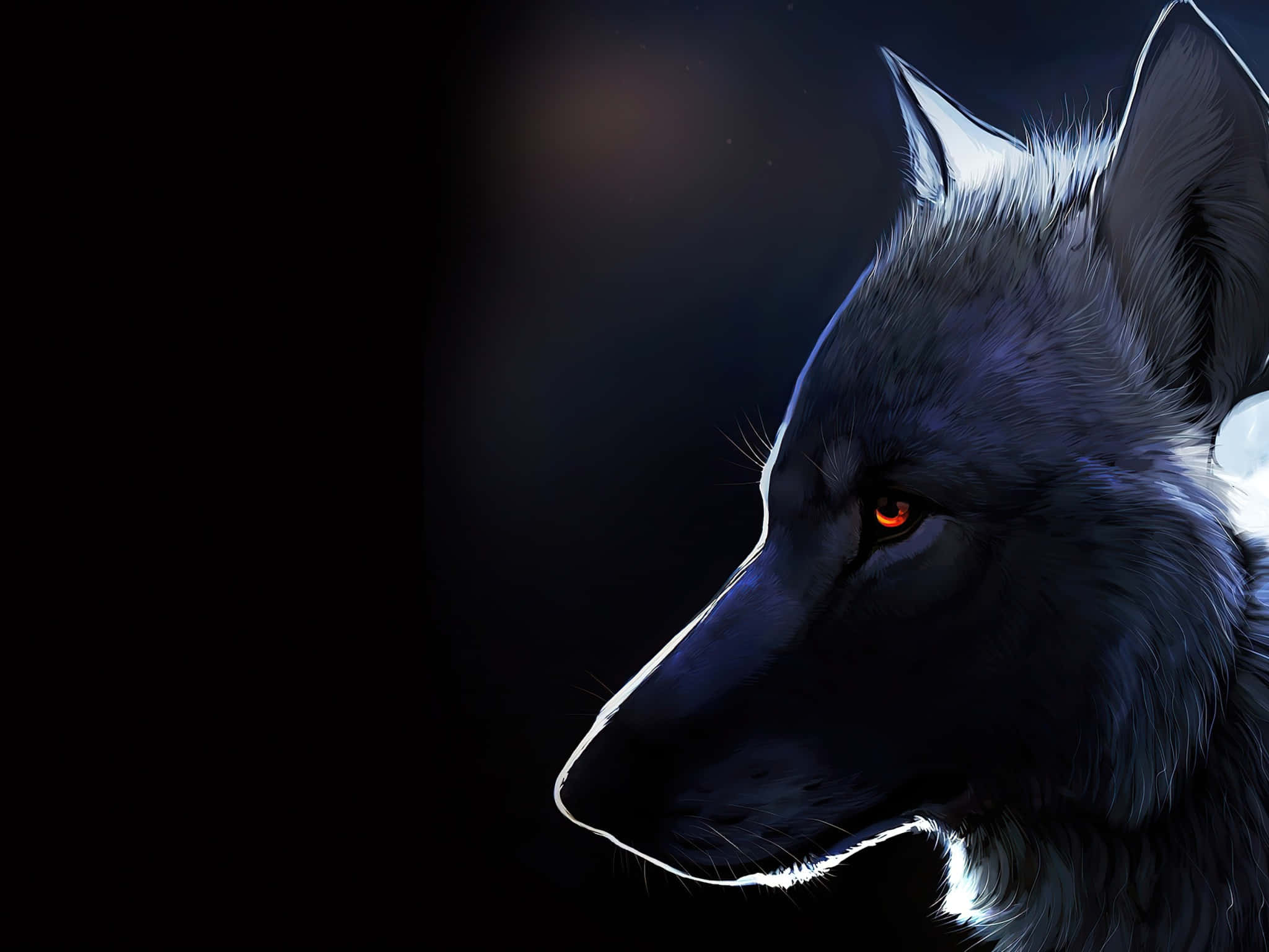 Alpha Wolf 桌布 壁紙 — 一幅引人注目的狼頭側面數位肖像，在黑暗背景中閃爍著橙色眼睛，柔和的光線勾勒出毛髮輪廓。