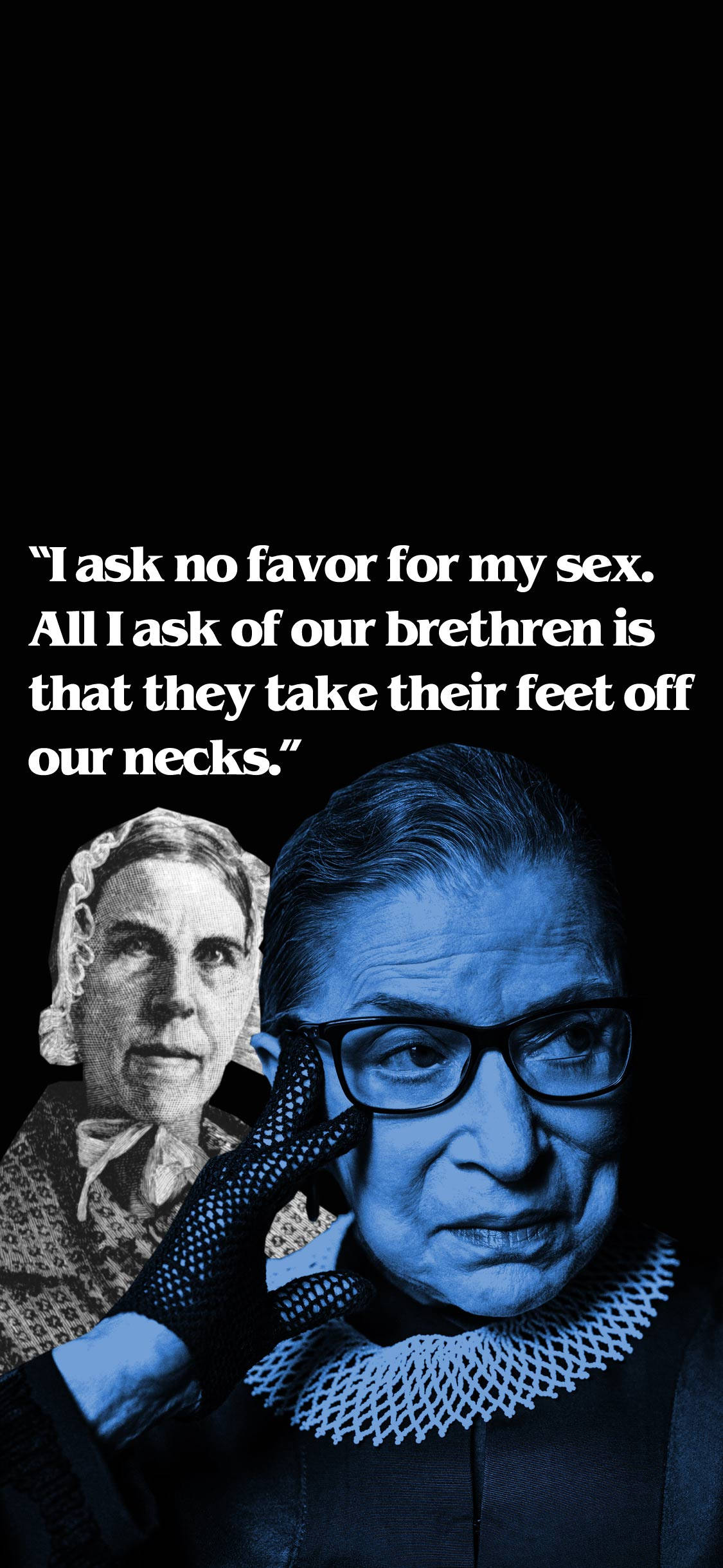 Ruth Bader Ginsburg 桌布 壁紙 — 一幅引人注目的藍色調肖像，描繪了露絲·巴德·金斯伯格與一位歷史人物並肩，並在黑色背景上疊加了一句有力的引言。