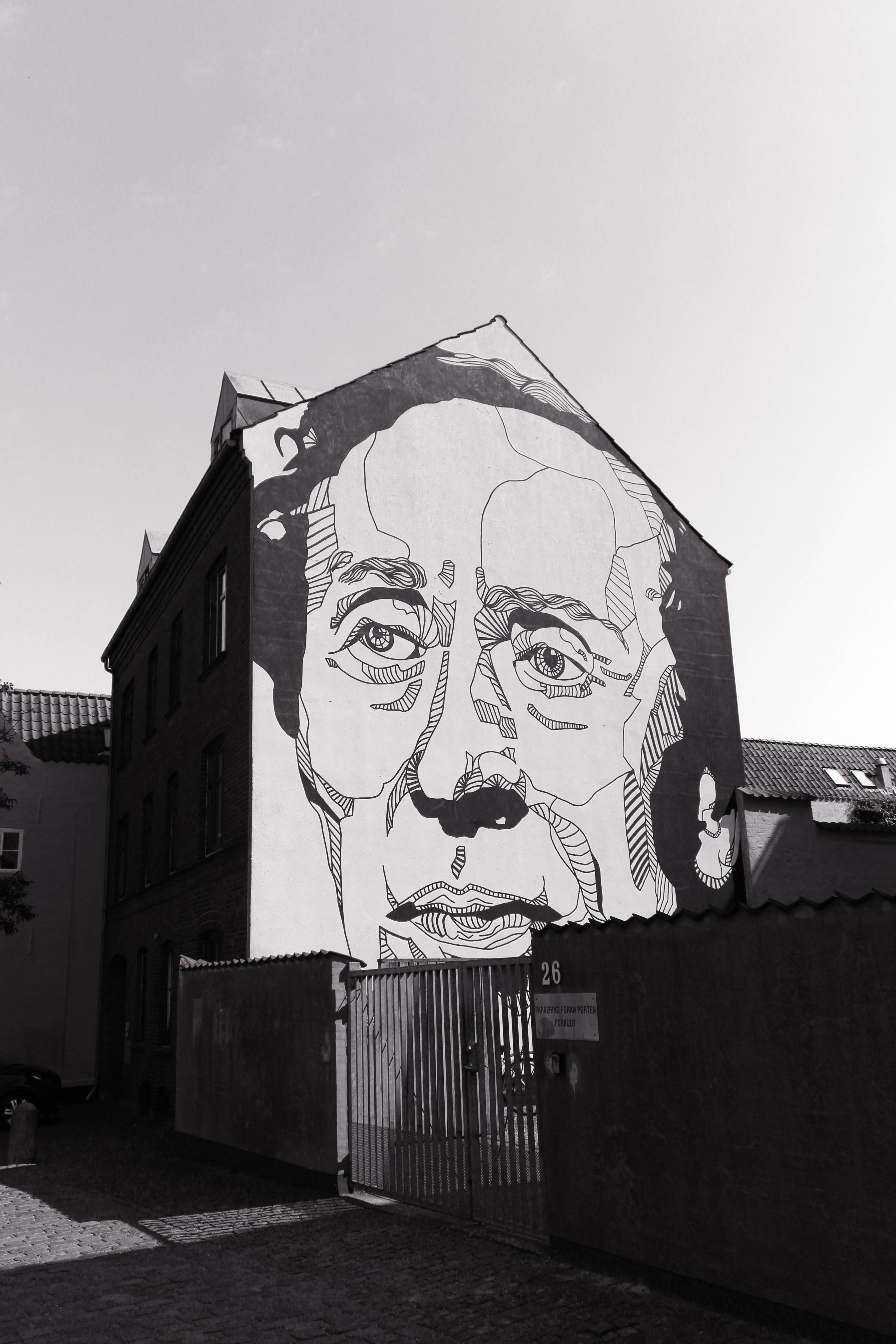 街頭藝術 桌布 壁紙 — 一幅引人注目的黑白壁畫，描繪了一個男人的臉，覆蓋了城市小巷中一棟建築物的側面。
