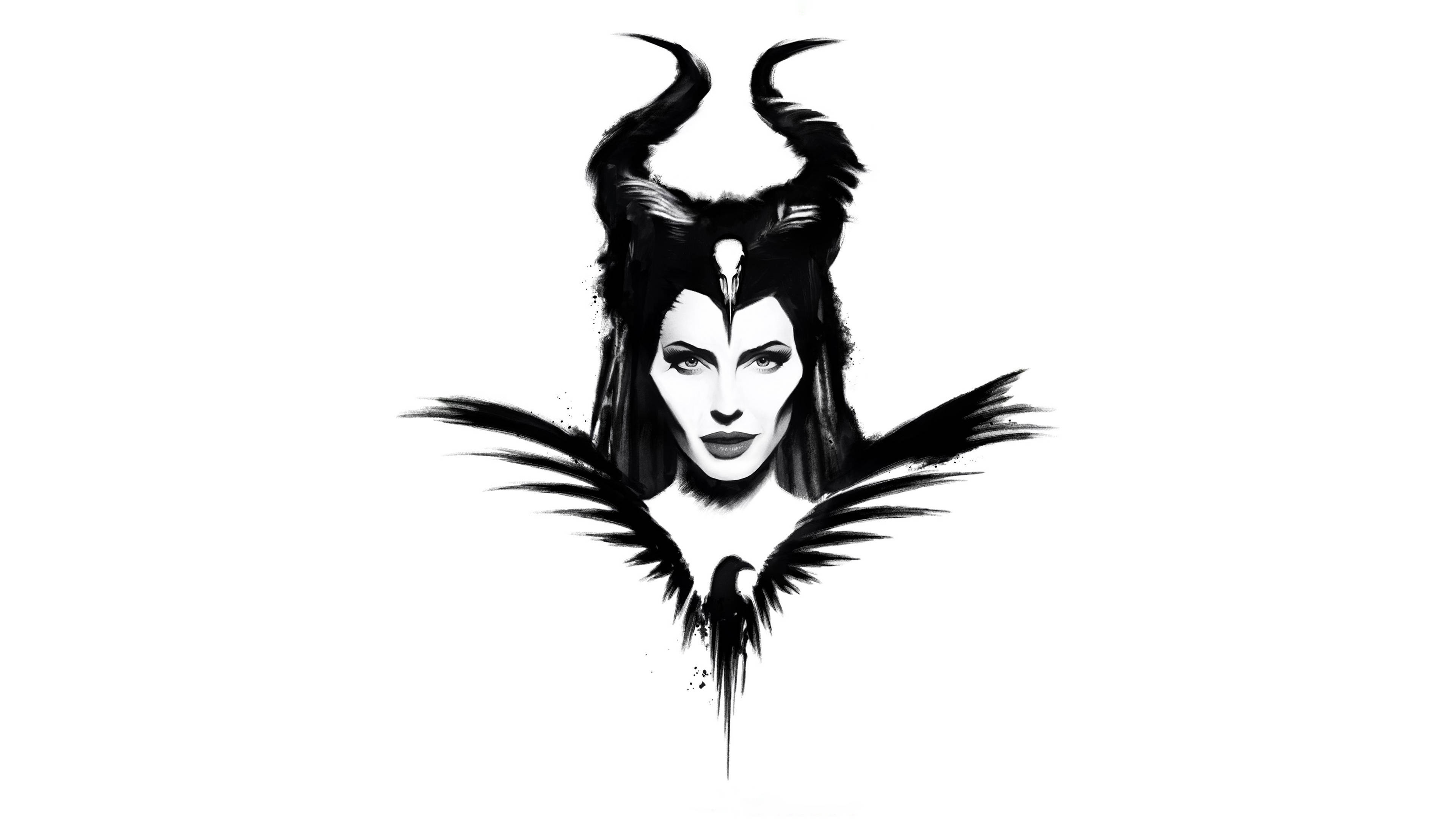 梅菲瑟 桌布 壁紙 — 一幅引人注目的黑白插圖，描繪了梅菲瑟（Maleficent）頭上有角，腳下有一隻烏鴉，以大膽的墨水筆觸呈現。