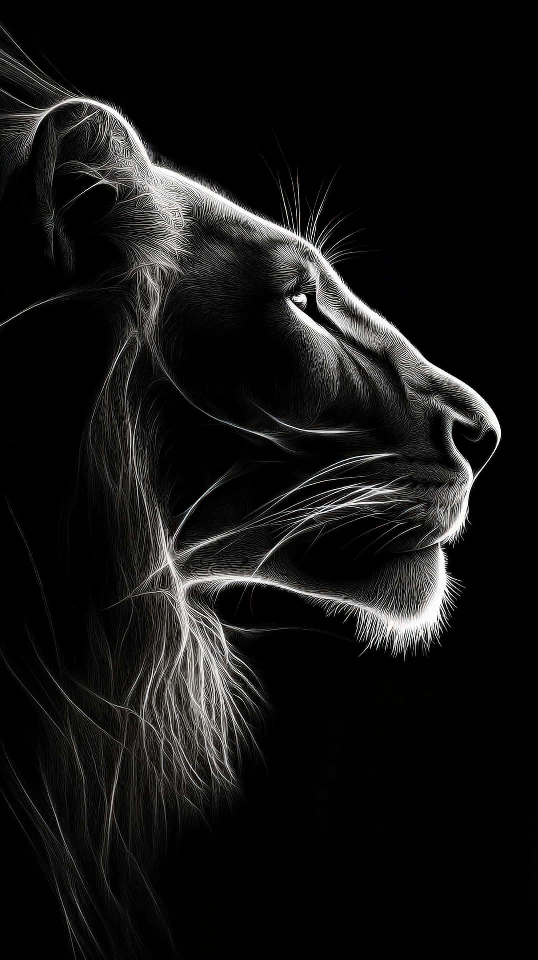 Striking digital artwork of a lion in glowing white lines on black background 壁紙 — 一幅引人注目的黑白數位肖像，描繪一頭母獅的側面，帶有發光的白色輪廓，背景為純黑色。