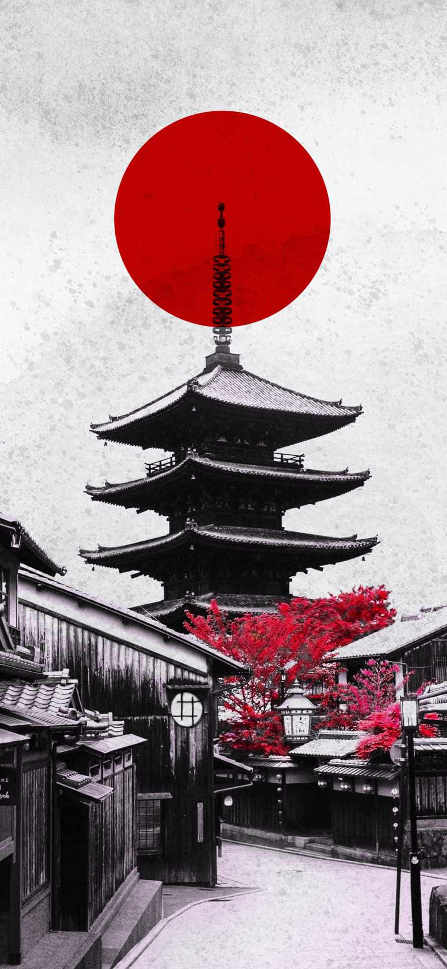 日本 桌布 壁紙 — 一幅引人注目的黑白日本街景，鮮紅的太陽和紅楓樹與傳統建築形成對比。
